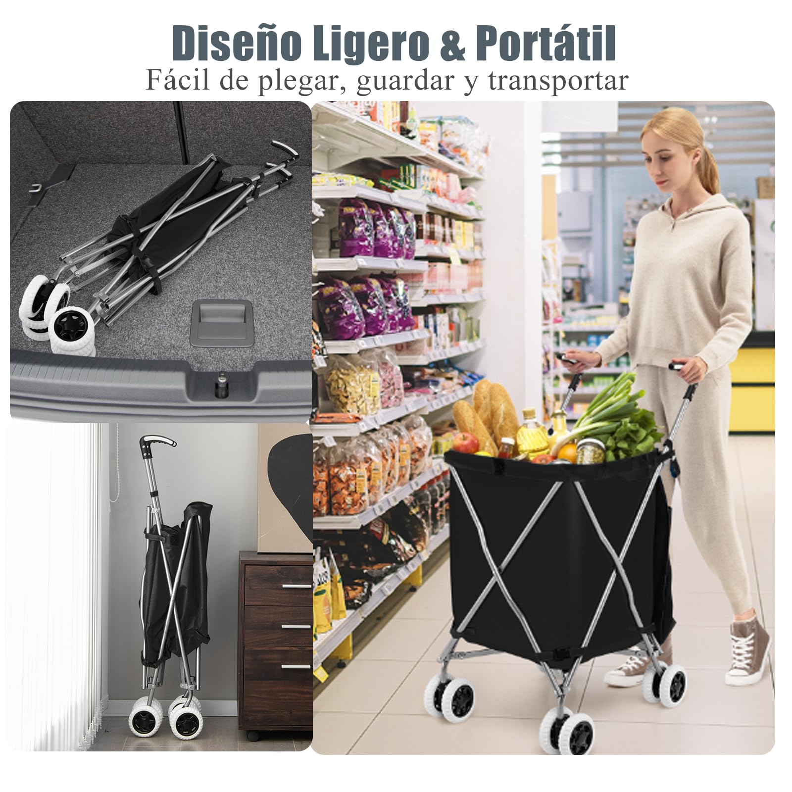 SOARS Carro de la Compra de Tela Oxford 90 L, Carro Compra 4 Ruedas Flexibles, Forro Extraíble e Impermeable, Carretilla Plegable para Supermercados, Ferias y Puestos de Venta (Negro)