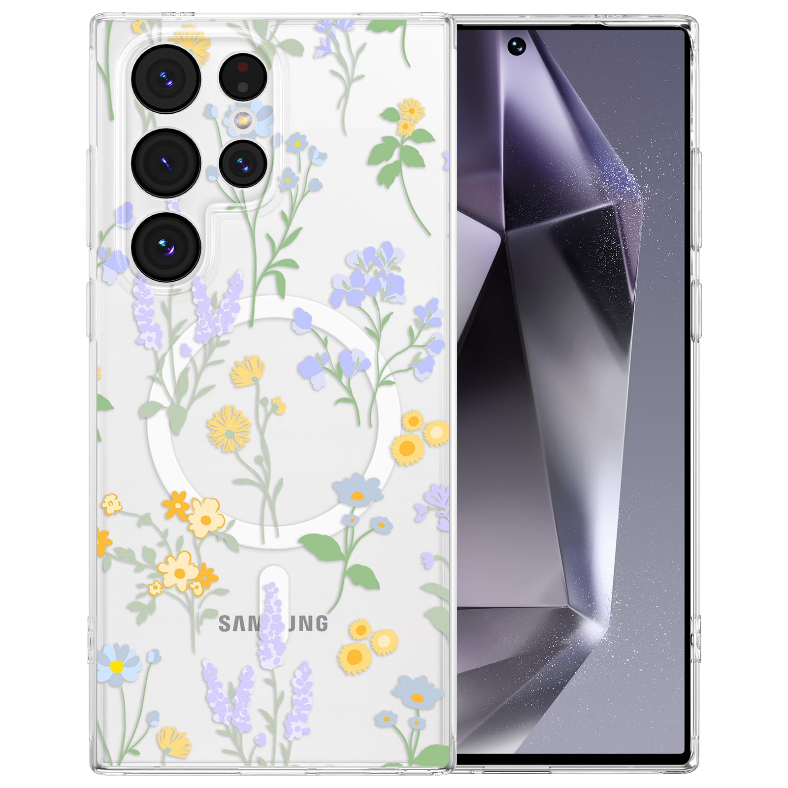 RALEAVO for Samsung Galaxy S24 Ultra Case Compatible with MagSafe Strong Magnetic Clear Floral Cover for Women Girls Slim Cute Hard Back Shockproof
