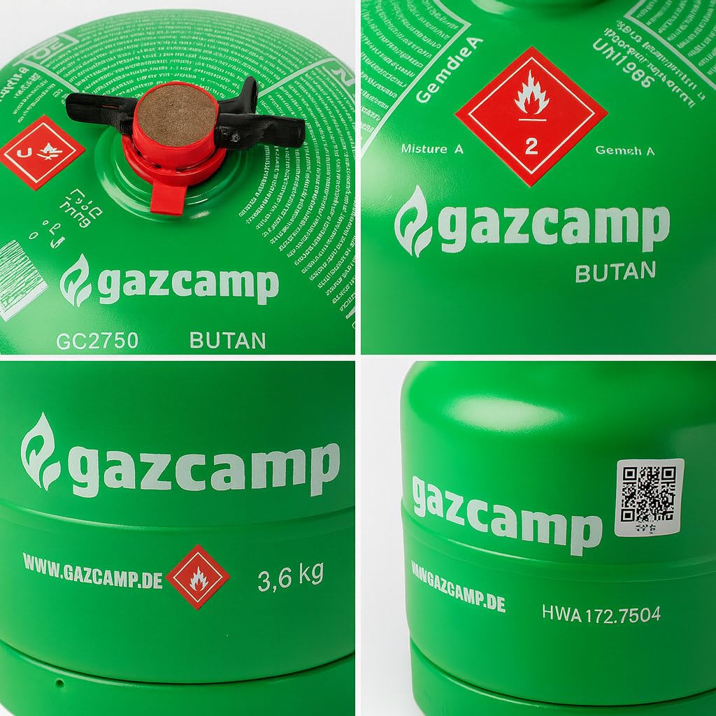 Gazcamp GC2750 Butangasflasche gefüllt, 2,75 kg, Stahl, nachfüllbar, Sicherheitsventil CGV, für Camping & Outdoor