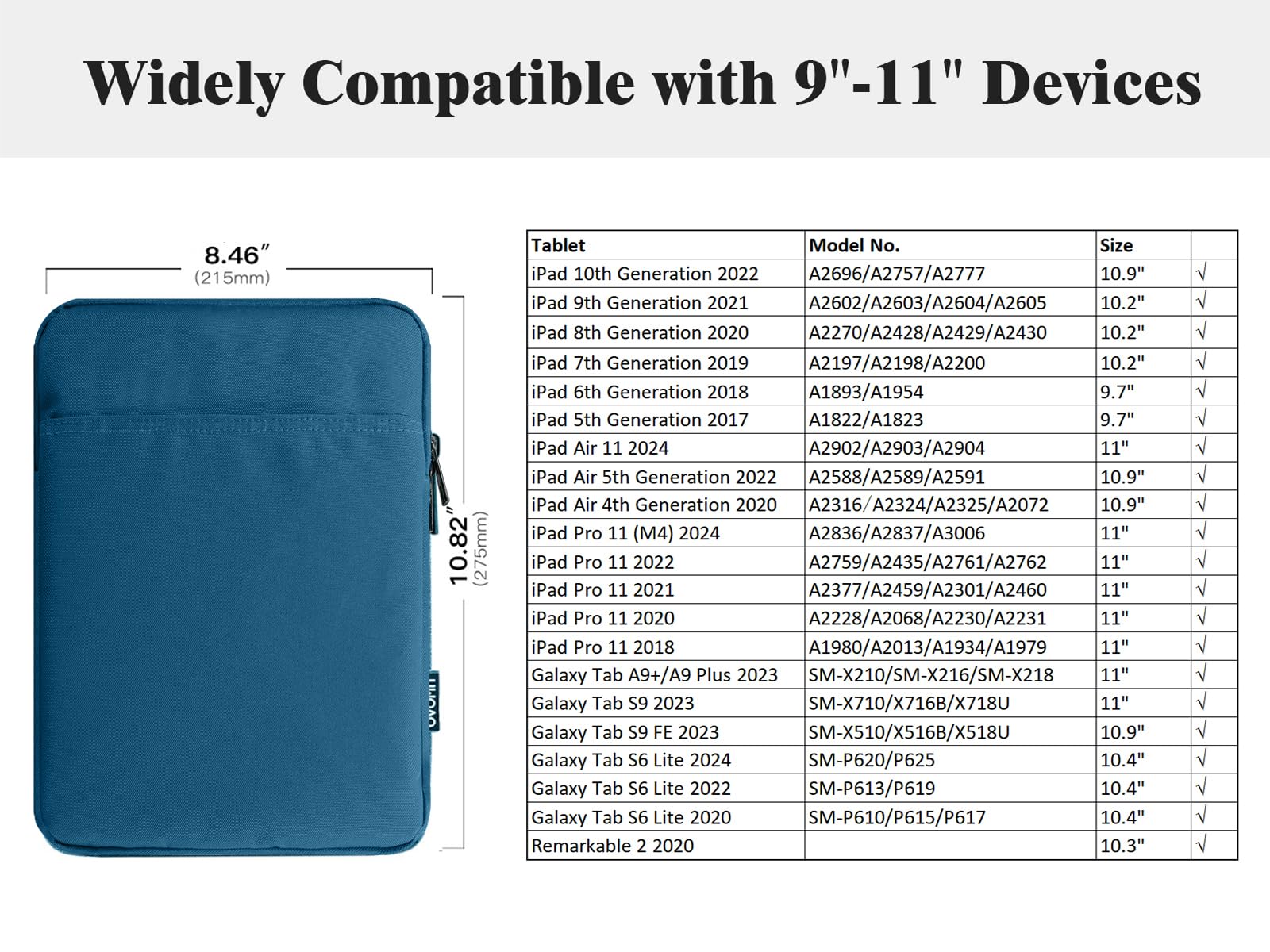 TiMOVO 9-11" Tablet Sleeve Bag, Peacock | Fit iPad 11" A16 2025 / 10.9"/10.2" / Air 11" 5/4 Gen / Galaxy Tab A9+/A11Plus 11", Fit Smart Keyboard