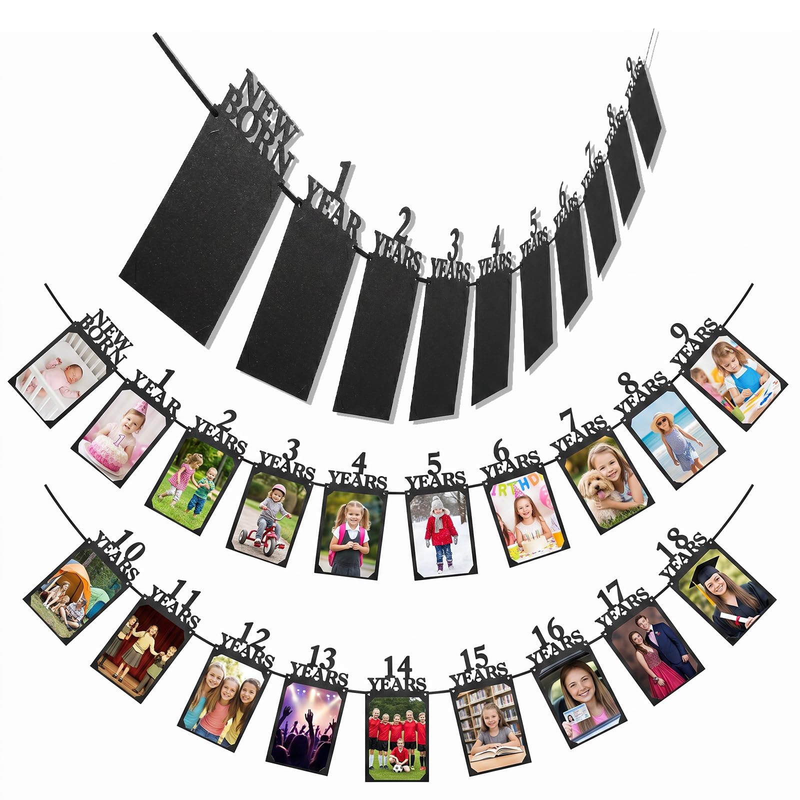 18th Happy Birthday Photo Banner, Newborn to 18 Age Photo Banner Decorations, 16th Party Picture Frame Garland Display Party Supplies, Black