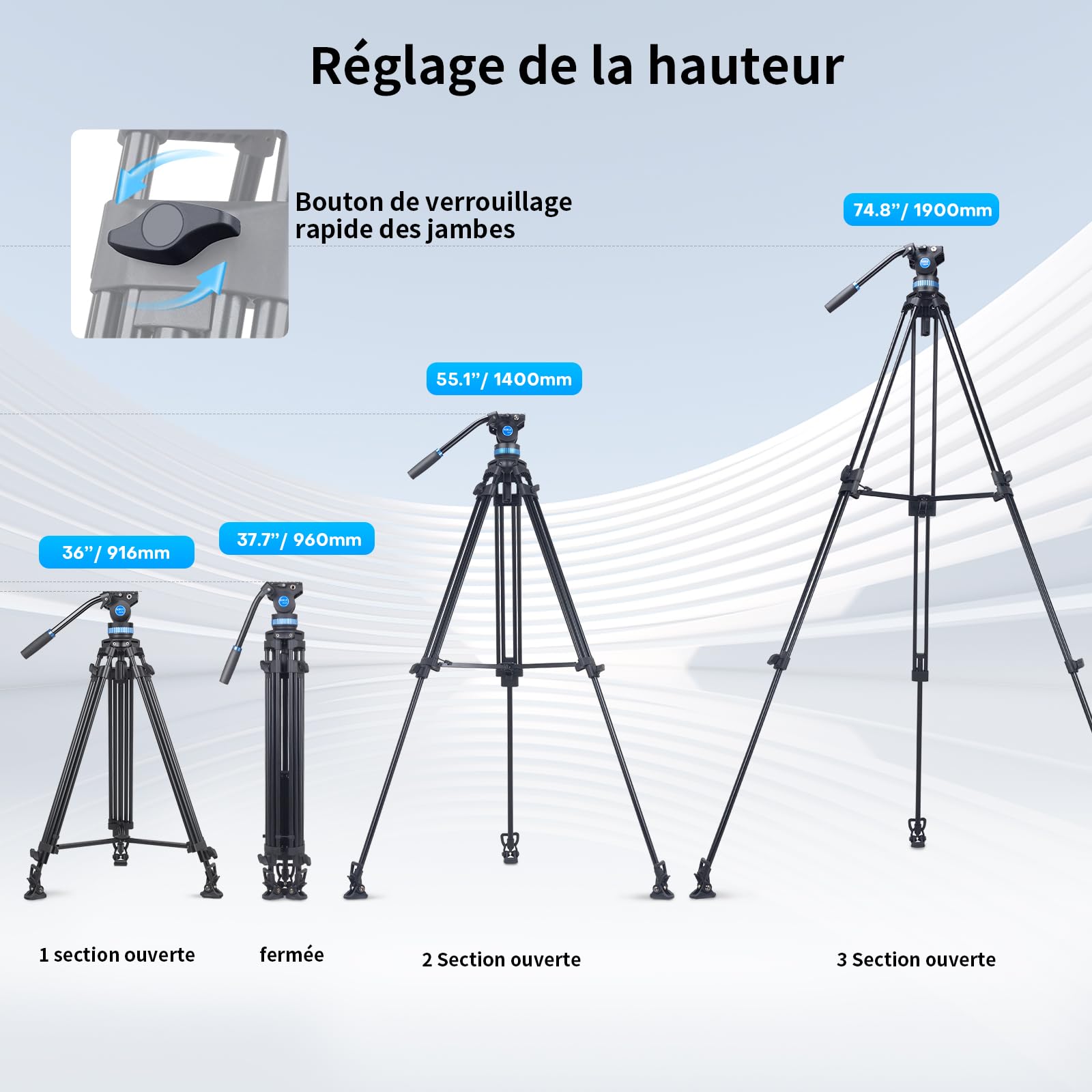 SIRUI Trépied Vidéo AM-25S, Trépied en Alliage d'Aluminium de 74.8"/190cm avec Tête Fluide Panoramique Flexible à 360°, Compact et Léger, Charge Max 22lb/10kg