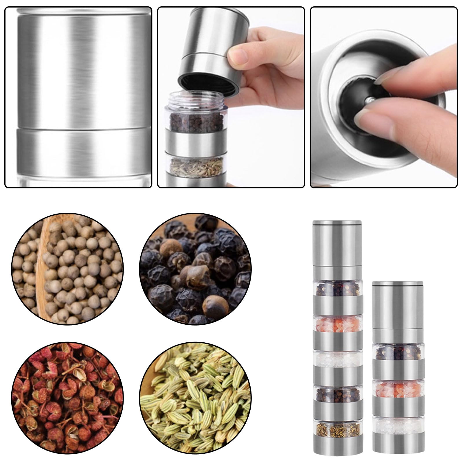 5-in-1 Camping Gewürzset mit Gewürzmühle 5 in 1 Gewürzstreuer 5-in-1 Camping Gewürze Organizer mit Gewürzmühle Tragbarer Gewürzstreuer für Reisen Zuhause Küche Kochen Steak BBQ
