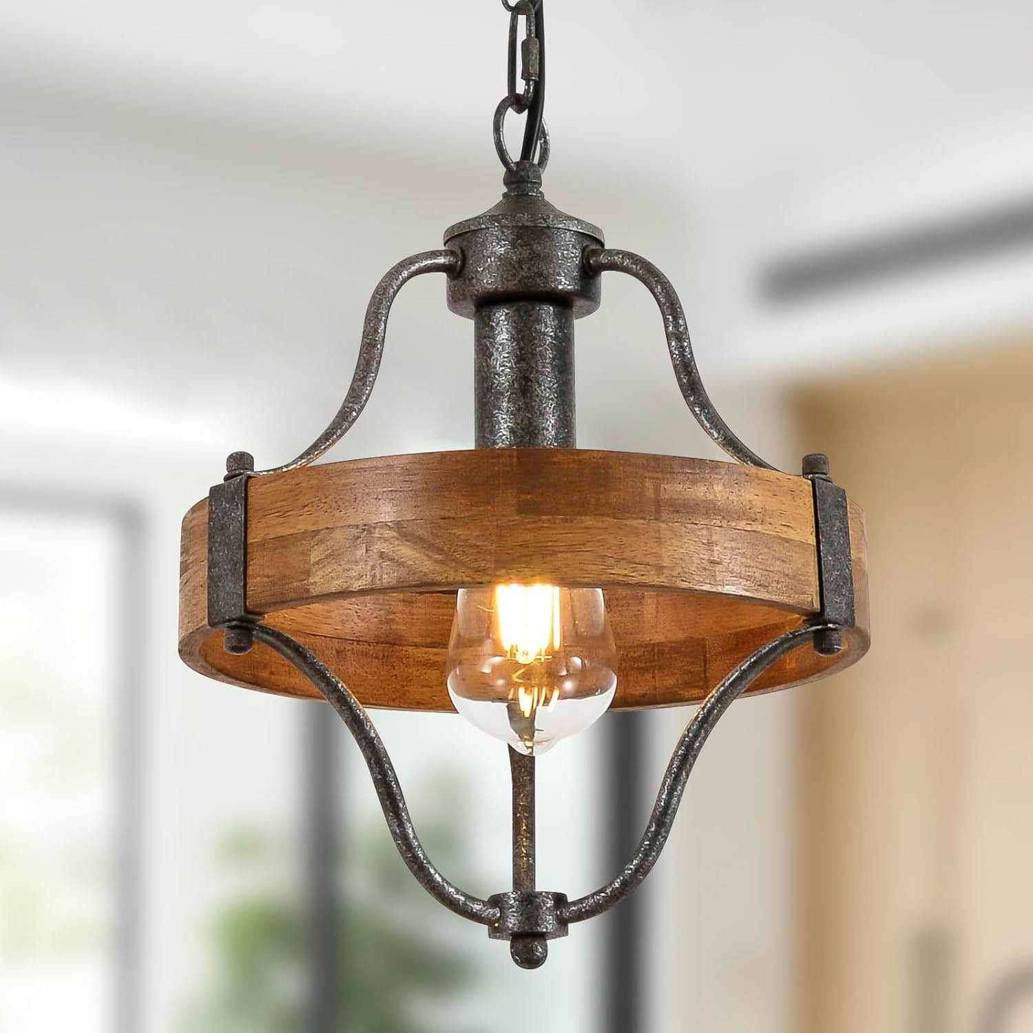 Farmhouse Wood Round Pendant Light Fixture, Rustic Wooden Metal Pendant Chandelier with Adjustable Hanging Height, Rusty Silver Ceiling Light for Kitchen Island, Sink, Hallway, Bathroom, Bar, Foyer