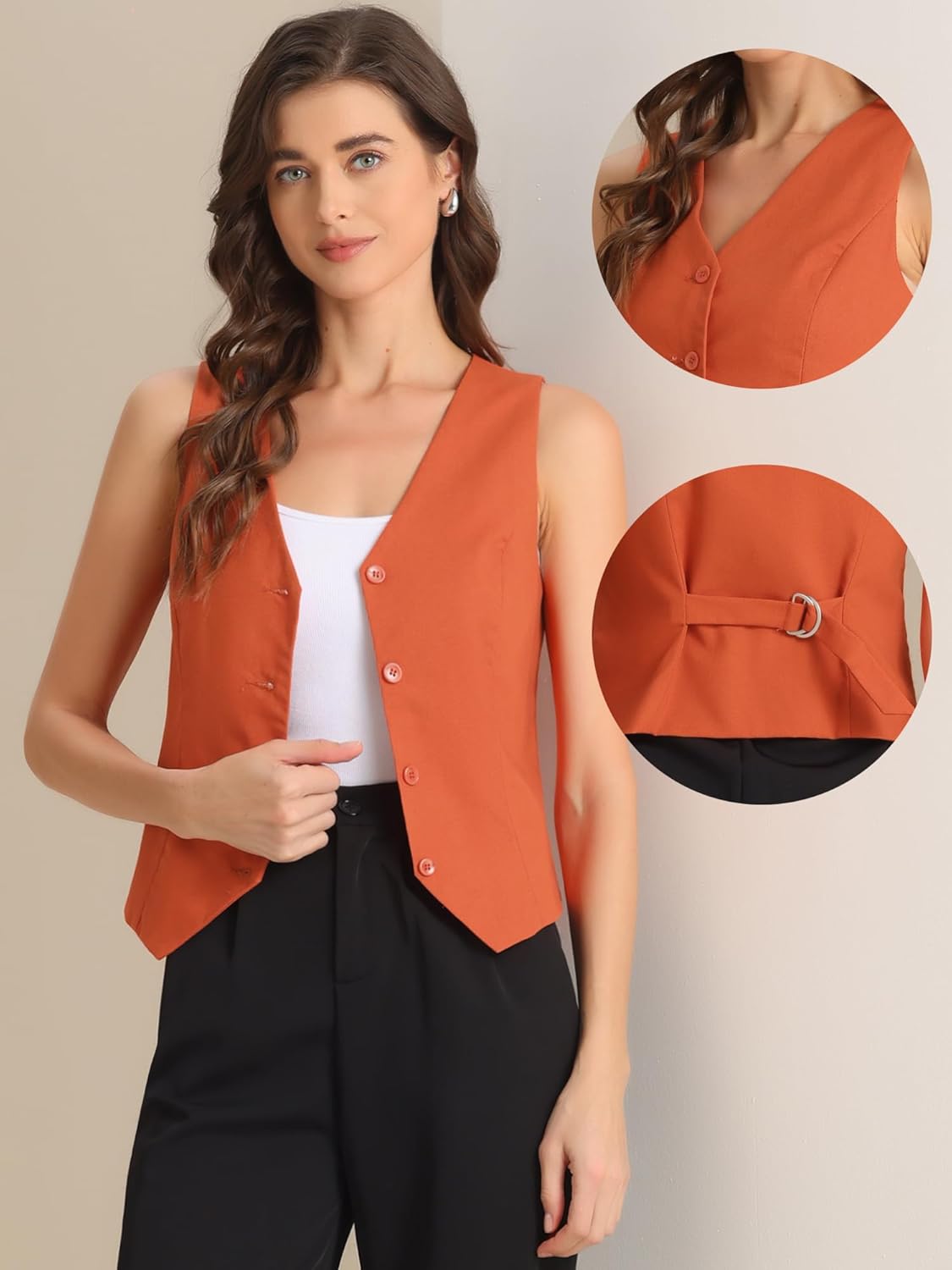 Allegra K Vest Tops for Women Summer Cotton Linen Sleeveless Button Down V Neck Fully Lined Waistcoat Cropped Vests