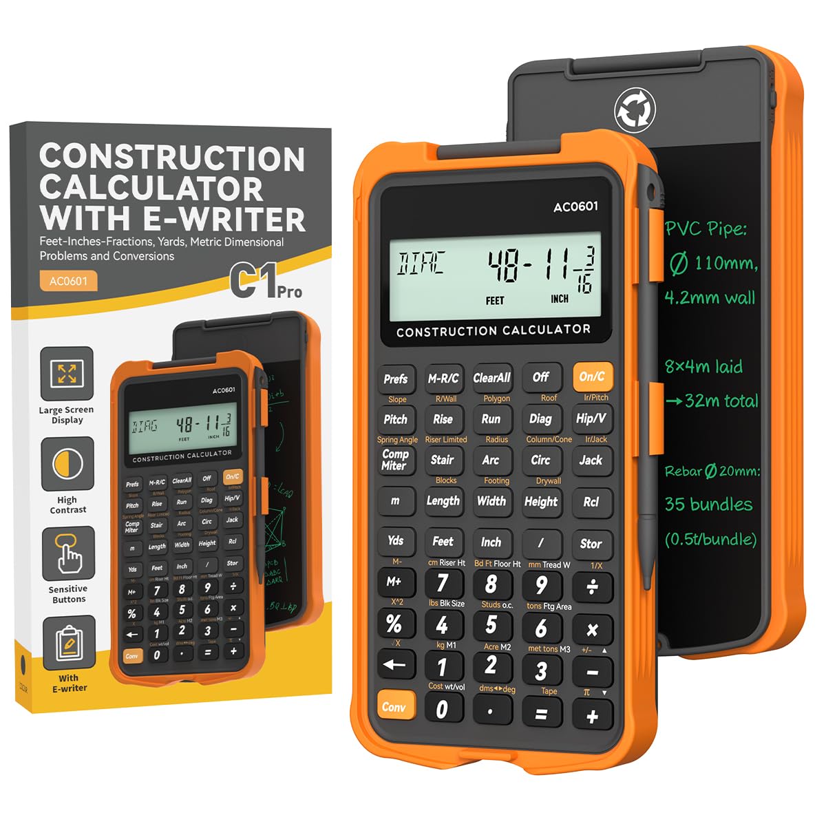 Construction Calculator, Scientific ROATEE Engineering Calculator for Contractor, Concrete Pocket Feet-inch-Fraction Calculators for Carpenter, Framer, Remodeler