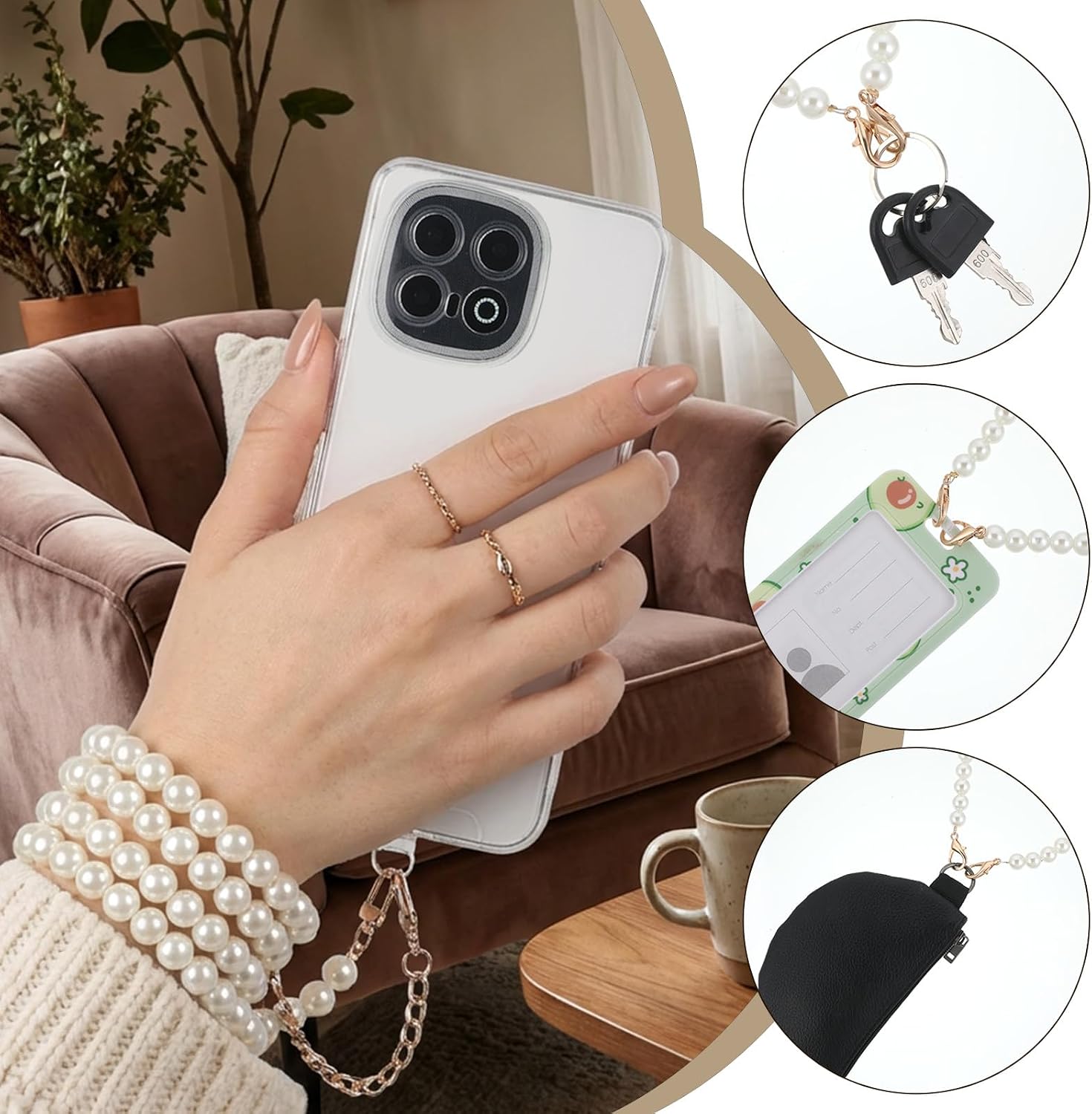 2 PCS Pearl Phone Strap, 2 Sizes White Beaded Pearl Phones Wrist Strap Elegant Universal Pearls Phones Lanyards with 4 Clear Phone Pad for Women Cellphone Id Badges Purses Decor