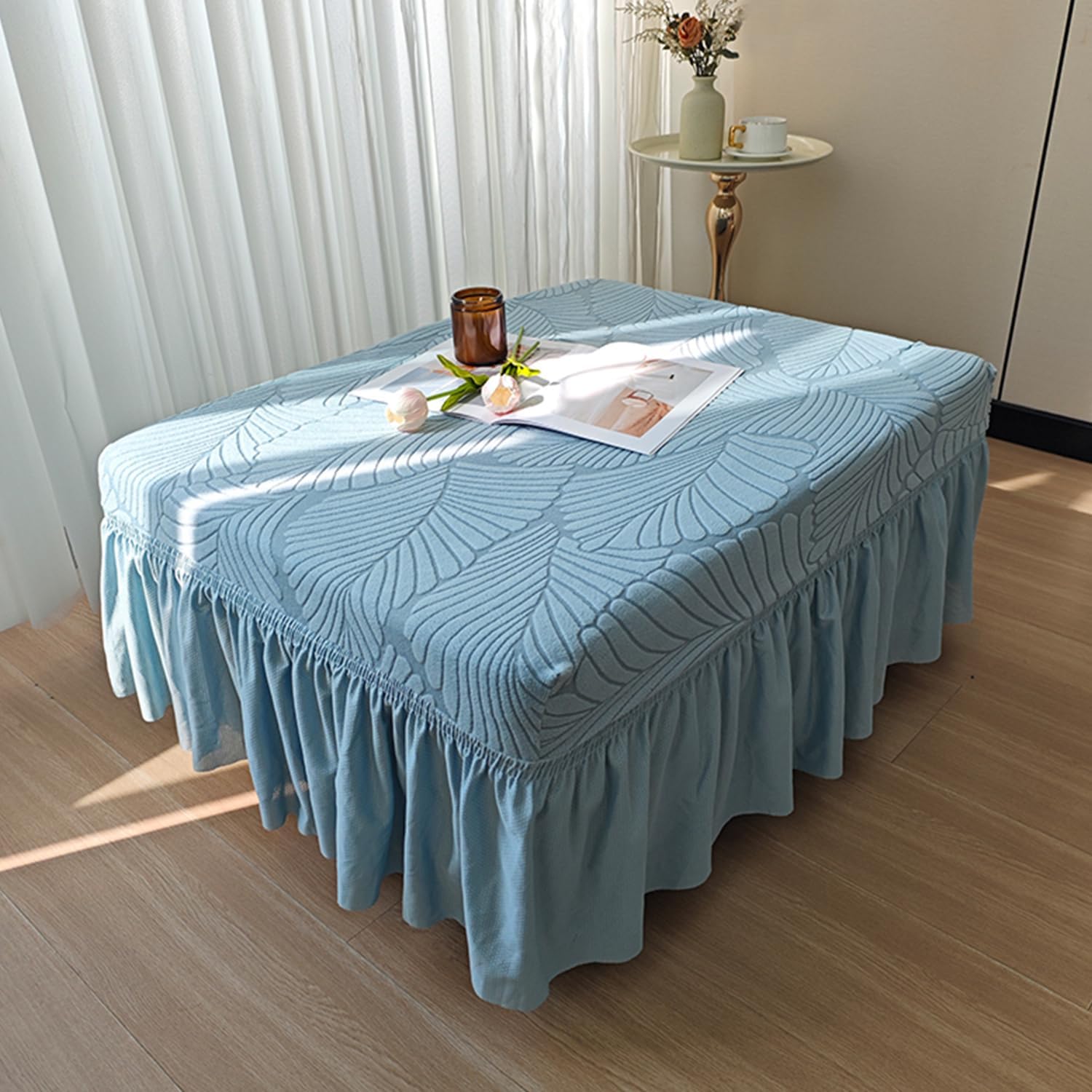 A/blue1,M, Square Stretch Ottoman Cover with Skirt Dustproof Footstool Cover Full Wrap Ottoman Slipcover Seat Covers Slipcovers Pouffe Cover with Elastic Band Machine Washable
