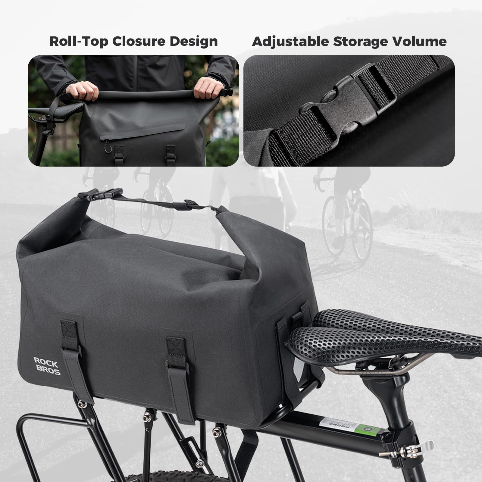ROCKBROS wasserdichte Fahrrad Gepäckträgertasche mit Rollverschluss | Robust Fahrradtasche Umhängetasche, mit Schultergurt, Reflektierendes Logo, für Pendeln Touren und Alltag, 16 L