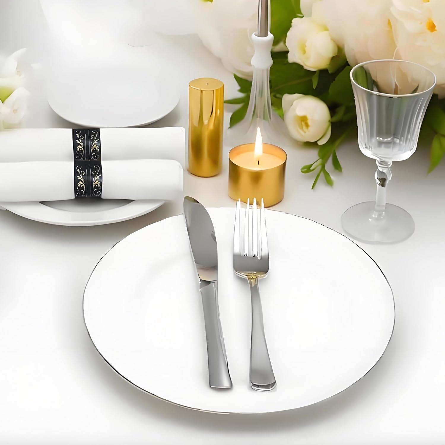 Pre Rolled Silverware Set Disposable with Napkin, Plastic Wrapped Cutlery - Forks, Knives- for Indoor or Outdoor Parties, Events, Gatherings, Dinners, Weddings, Caterings, 100 Packs, Silver