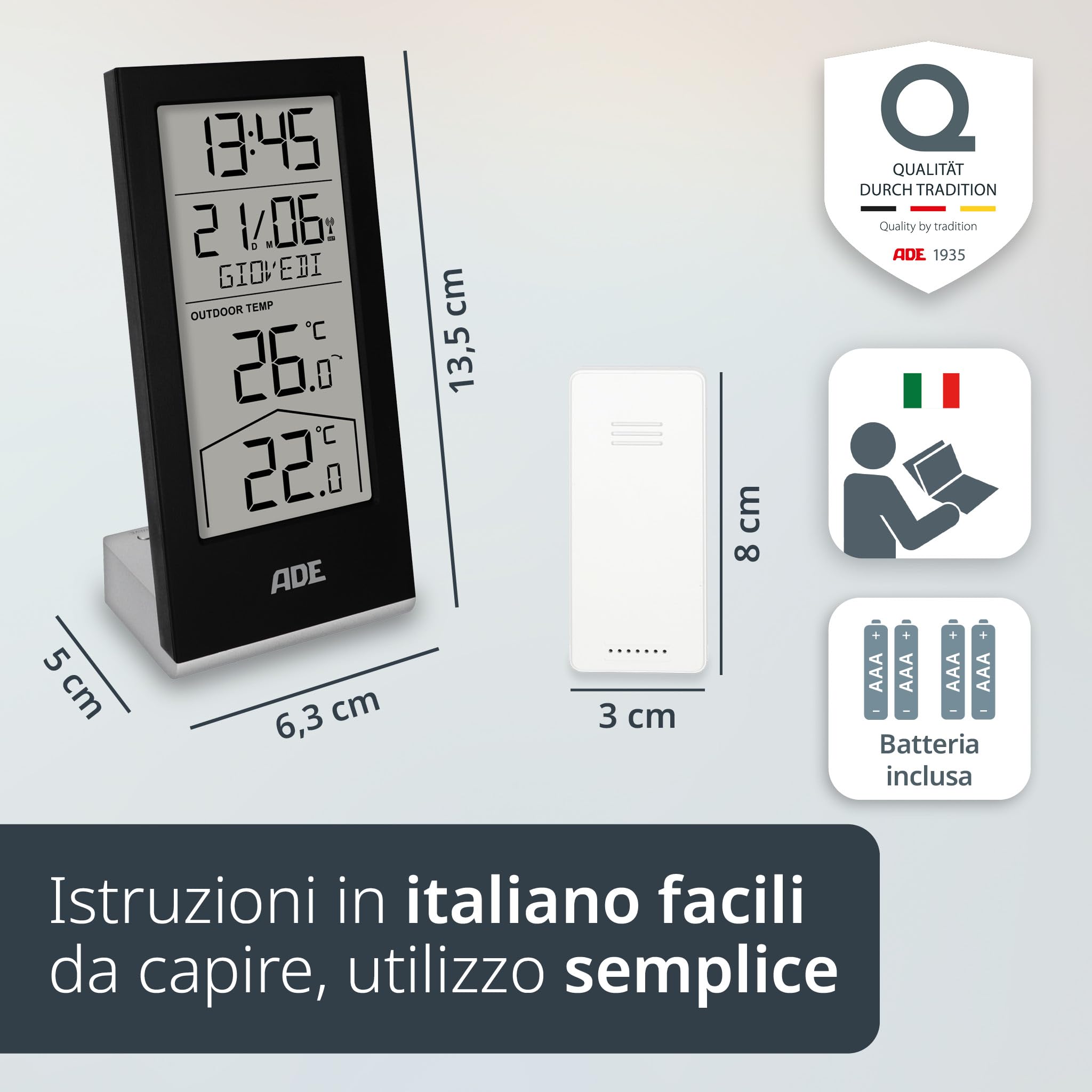 ADE Stazione meteorologica digitale con sensore esterno | termometro per temperatura interna ed esterna | orologio e calendario radiocontrollato con giorno della settimana | batterie incluse | nero
