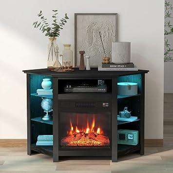 Electric Fireplace TV Stand for TVs Up to 50, Entertainment Center w/ 19 Fireplace Heater, APP & Remote Control, 16-Color LED Lights, Corner TV Stand with Adjustable Shelves Black