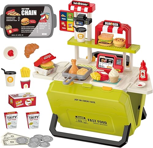 Juguetes divertidos para niños, juego portátil de comida rápida para niños de 3 a 8 años, juguete realista de cocina al aire libre con 55 piezas,