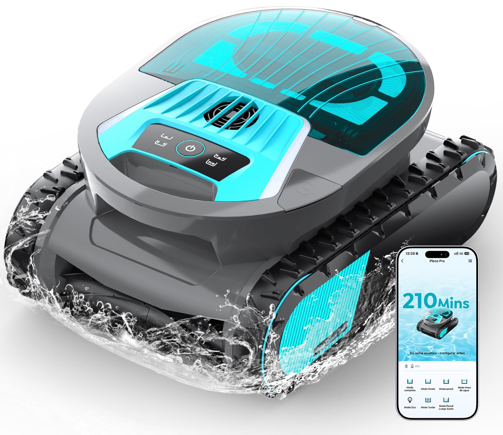 Nuovo 2026 Pleco Pro Robot Limpiafondos Piscina, Paredes, Línea y Plataformas, 210Min Autonomía, Doble Filtración, 5 Modos App Planificación Inteligente, para Piscinas de hasta 200 ㎡