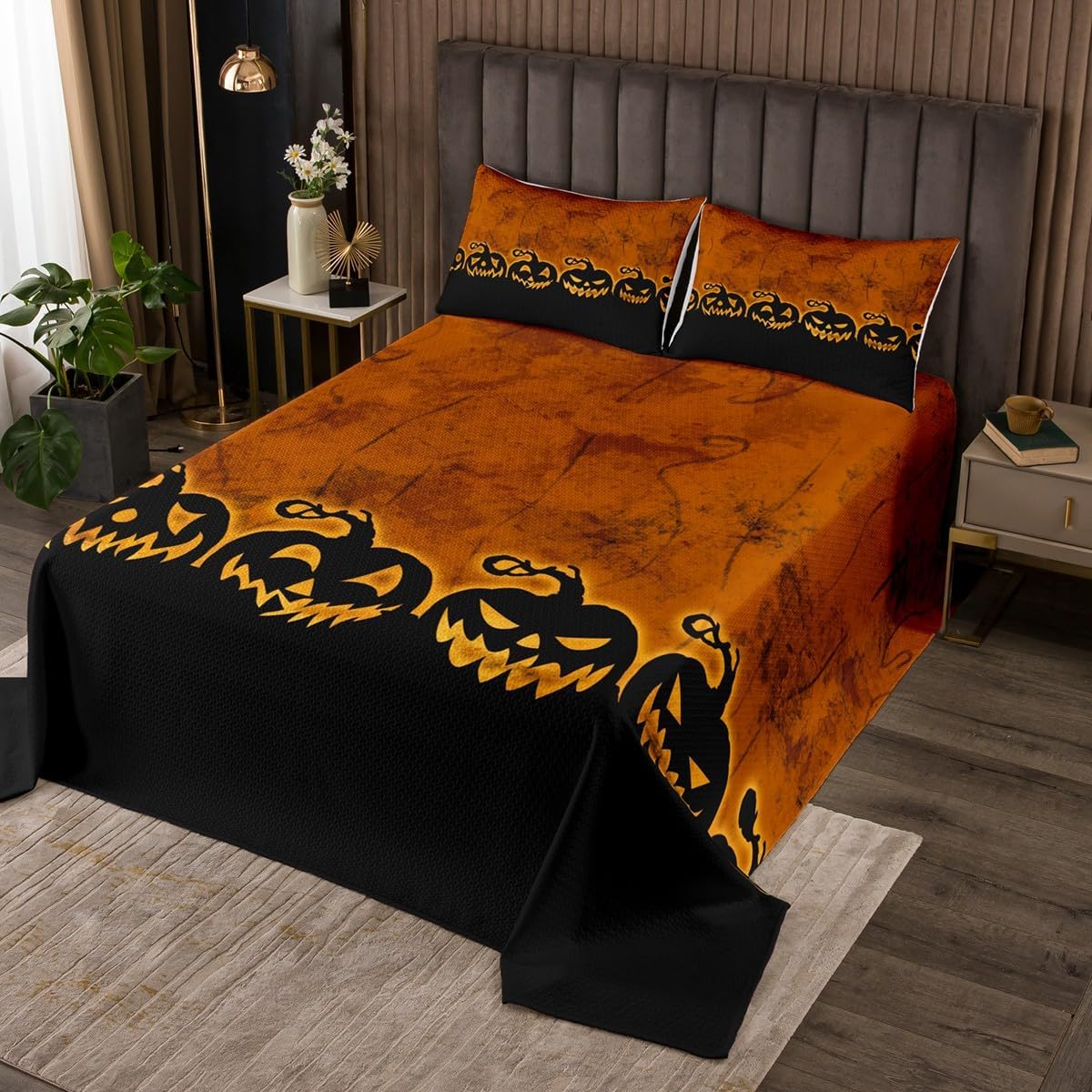 jejeloiu Pumpkin Lantern Bedspread Quilts Halloween Themed Coverlet Set King Size for Kids Boys Girls Orange Pumpkin Quilted Coverlet for All Season with 2 Pillowcases Microfiber