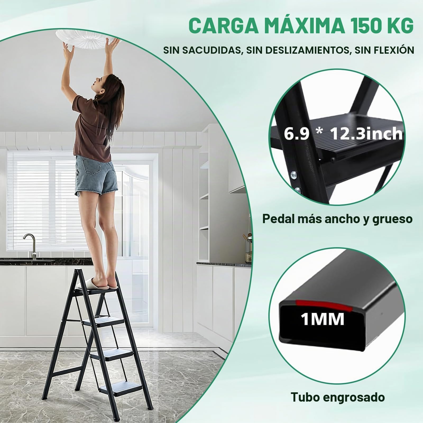 Escalera Plegable de 4 peldaños de Aluminio, Estable y Segura, peldaños Anchos Antideslizantes, soporta hasta 150 kg, para hogar, almacén, Taller y Uso Comercial