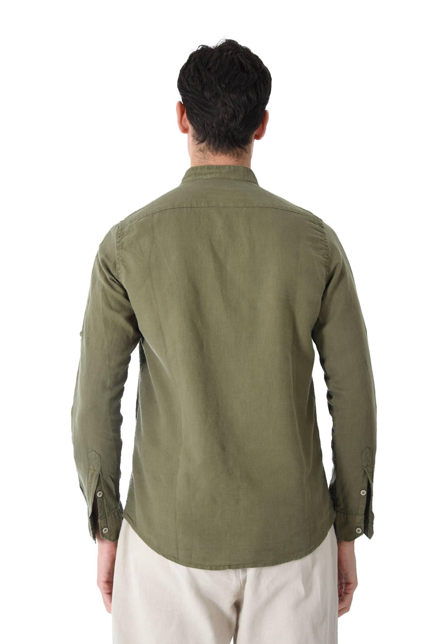 Camisa de hombre 100% lino cuello coreano blanco azul beige celeste negro rosa verde manga larga verano Slim Fit Serafino Sartorial Mangas revolables Verde L