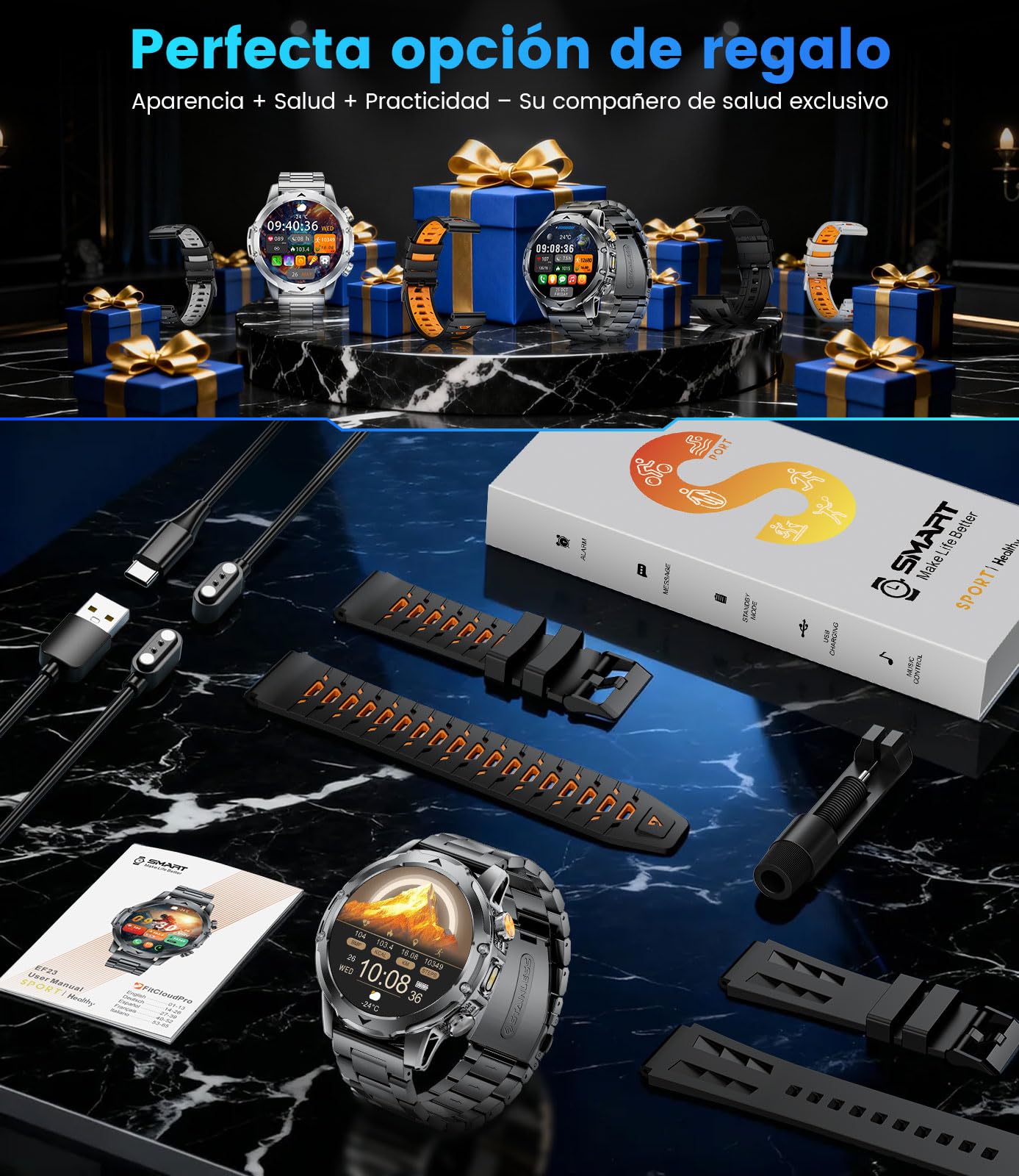 Reloj Inteligente Hombre Militar LED Linterna/1000mAh Batería/3 Correas, 1.53"Smartwatch Hombre con Llamadas, 120+ Modos Deportivos, 5ATM Impermeable Pulsómetro Podómetro Android iOS Negro Acero