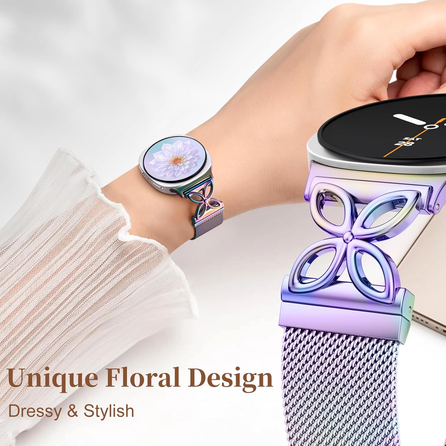 Getino Magnetic Metal Band Compatible with Galaxy Watch 8 / Watch 8 Classic Band, Milanese Floral Dressy Strap for Samsung Watch Bands Women 40mm 44mm 46mm - Image 5