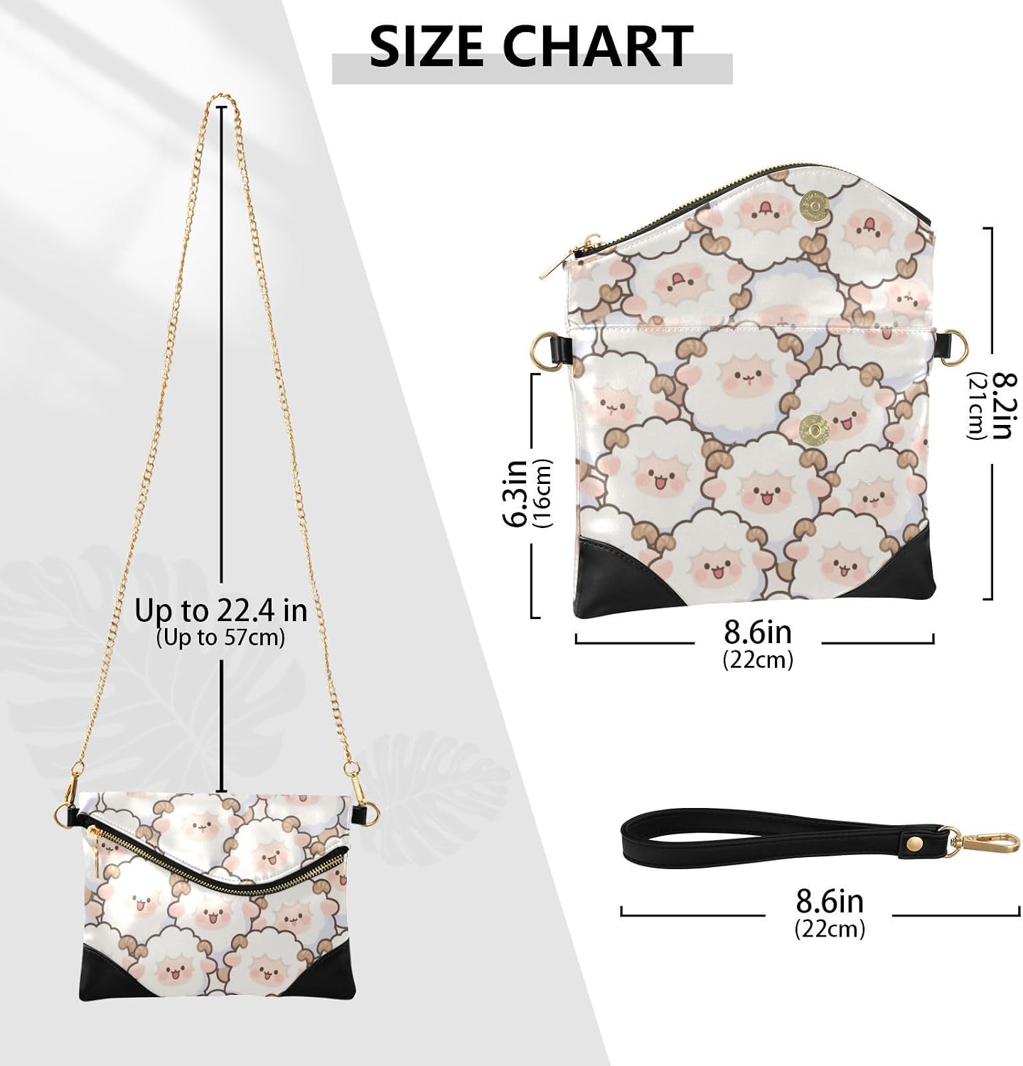 PU Leather Clutch Handbags for Women Anti-Theft Envelope Clutch Bag for Lady Cute Cartoon Sheep White