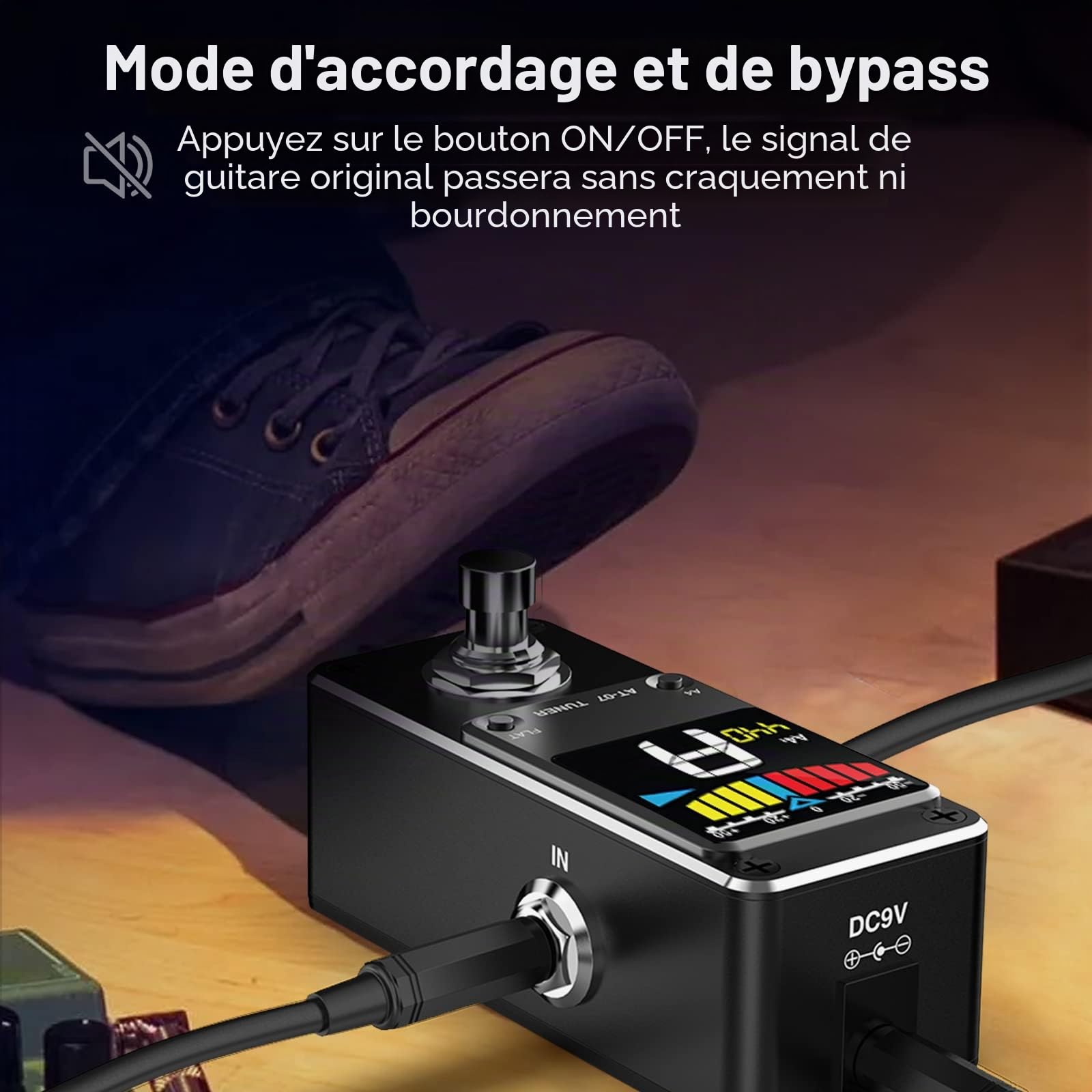 Pédale d'accordeur, LEKATO Pédale d'accordeur chromatique pour guitare et basse - Mini pédale d'accordeur d'instrument chromatique avec écran LCD - Calibrage de la hauteur et réglage plat