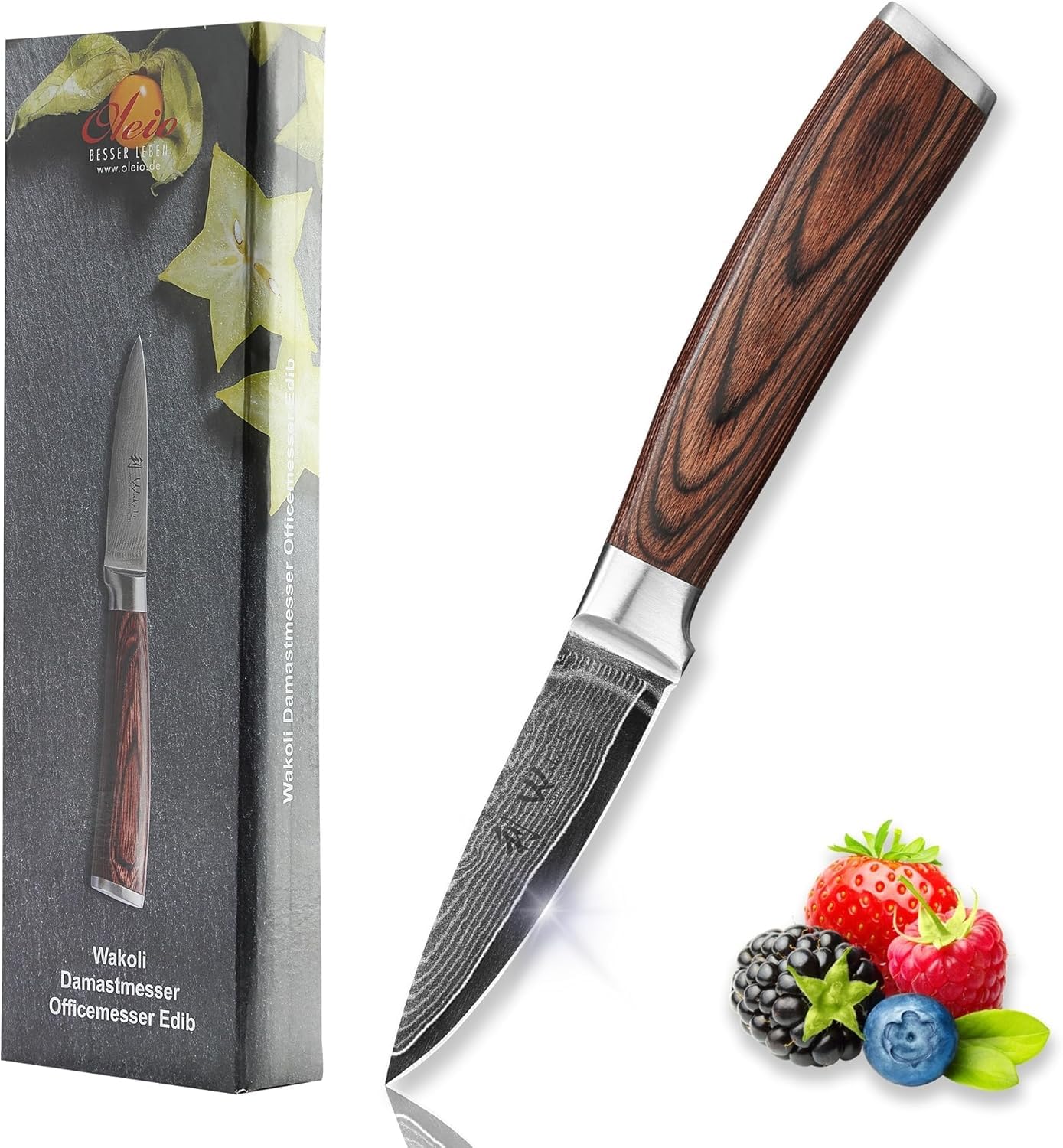 Wakoli EDIB Officemesser aus echtem Damaststahl (VG10 Kern) mit 8,5 cm Klinge – Scharf und handlich – Kleines Küchenmesser, Obstmesser & Gemüsemesser – Damastmesser mit Pakkaholzgriff in Geschenkbox