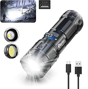 Rechargeable Tactical Flashlights, 120000 Lumens Super Bright Led Flashlights with COB Work Light, High Powered, Powerful Handheld Flashlights for Emergencies Camping Hiking Holiday Gifts