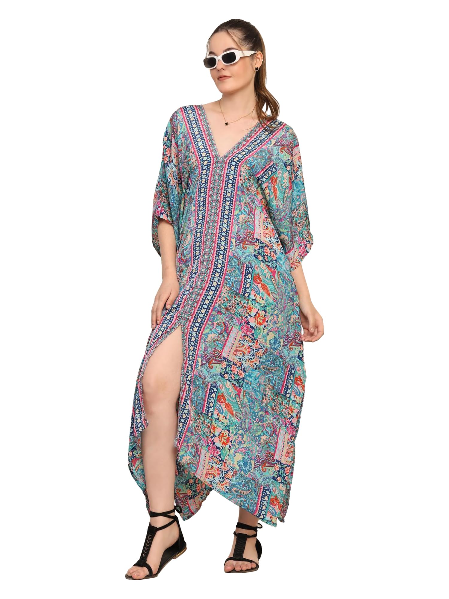 KE KANHA EXPORTS Women Beach Wear Dress Stylish Kaftan Maxi Multicolor Premium Soft |Adjustable Tassel Drawstring|Border Print Boho Cover Up|M-XXL