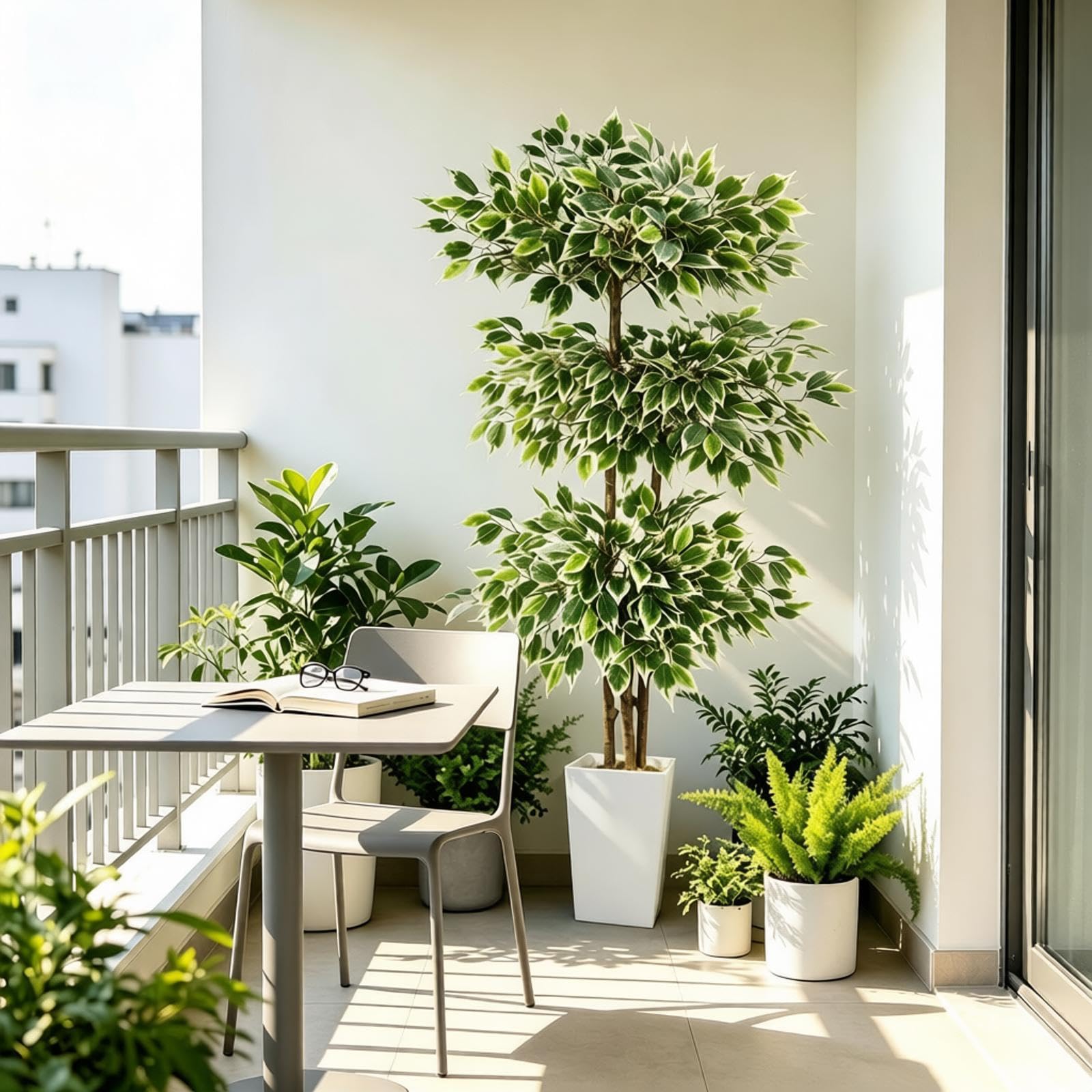 Ficus Artificiel 180 cm Arbre Artificiel avec Grand Pot Blanc | plante artificielle grande 3 couches de feuilles en soie 3 troncs épais fausse plante décorer maison salon bureau intérieure