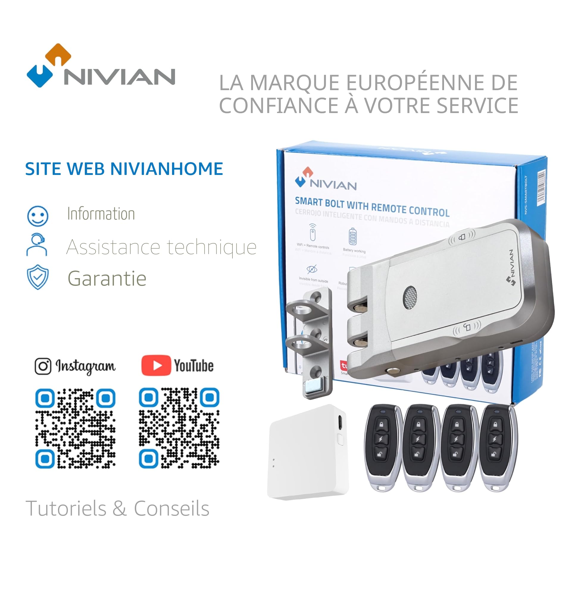Nivian Verrou invisible intelligent, Serrure électronique WiFi avec application mobile et télécommandes, double moteur anti-vandalisme, ouverture depuis l'intérieur et l'extérieur