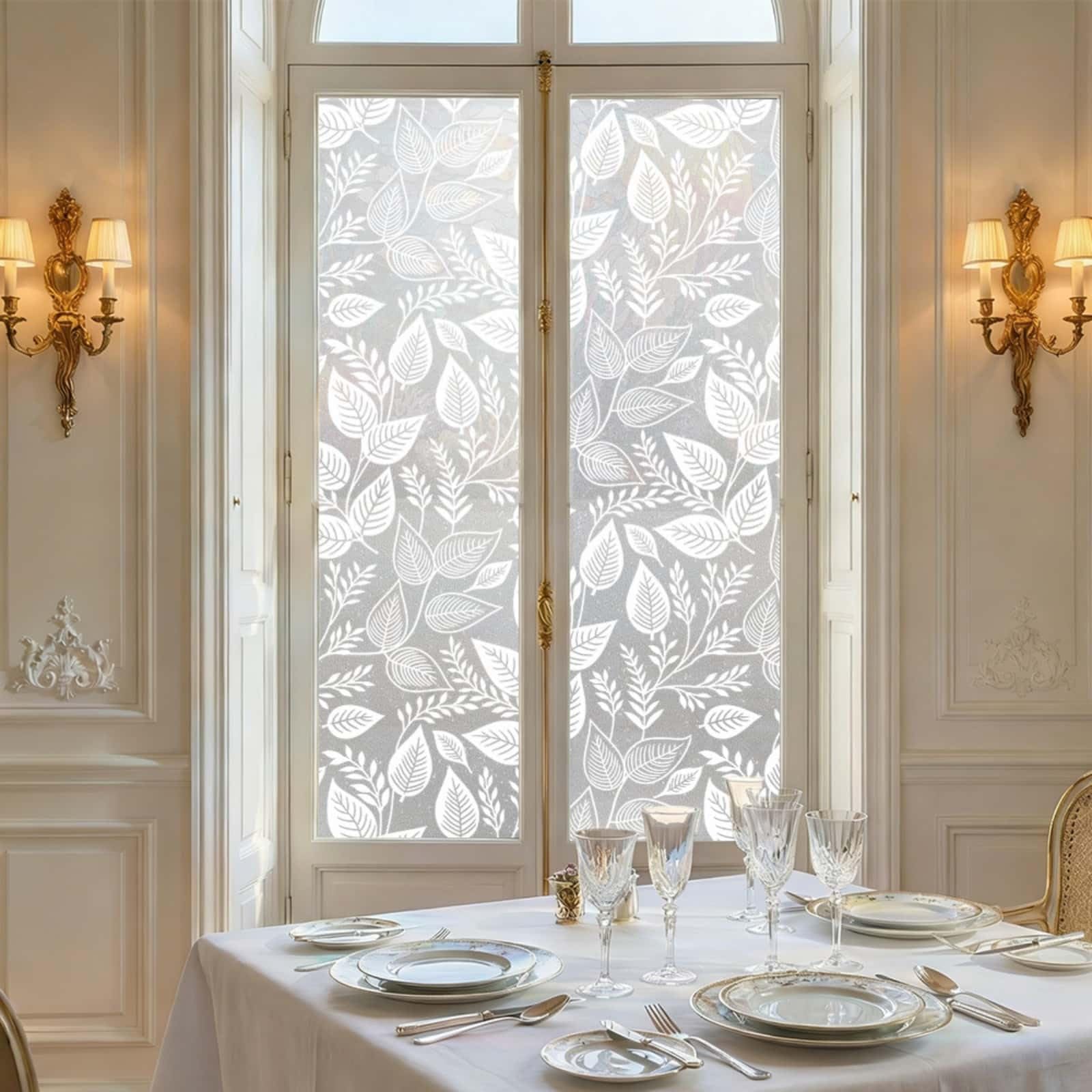 Window Film Privacy 43x100cm White Leaf Privacy Film for Glass Windows Office Kitchen Living Room Bathroom Opaque Reusable Window Stickers for Glass