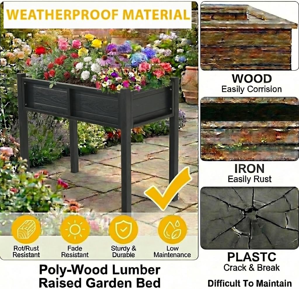 DWVO Raised Garden Bed HDPE with Legs Poly-Wood All-Weather Elevated Planter Box Outdoor with Drainage System Patio Planters for Herbs Vegetables Flowers Plant Bed for Garden Balcony, Black