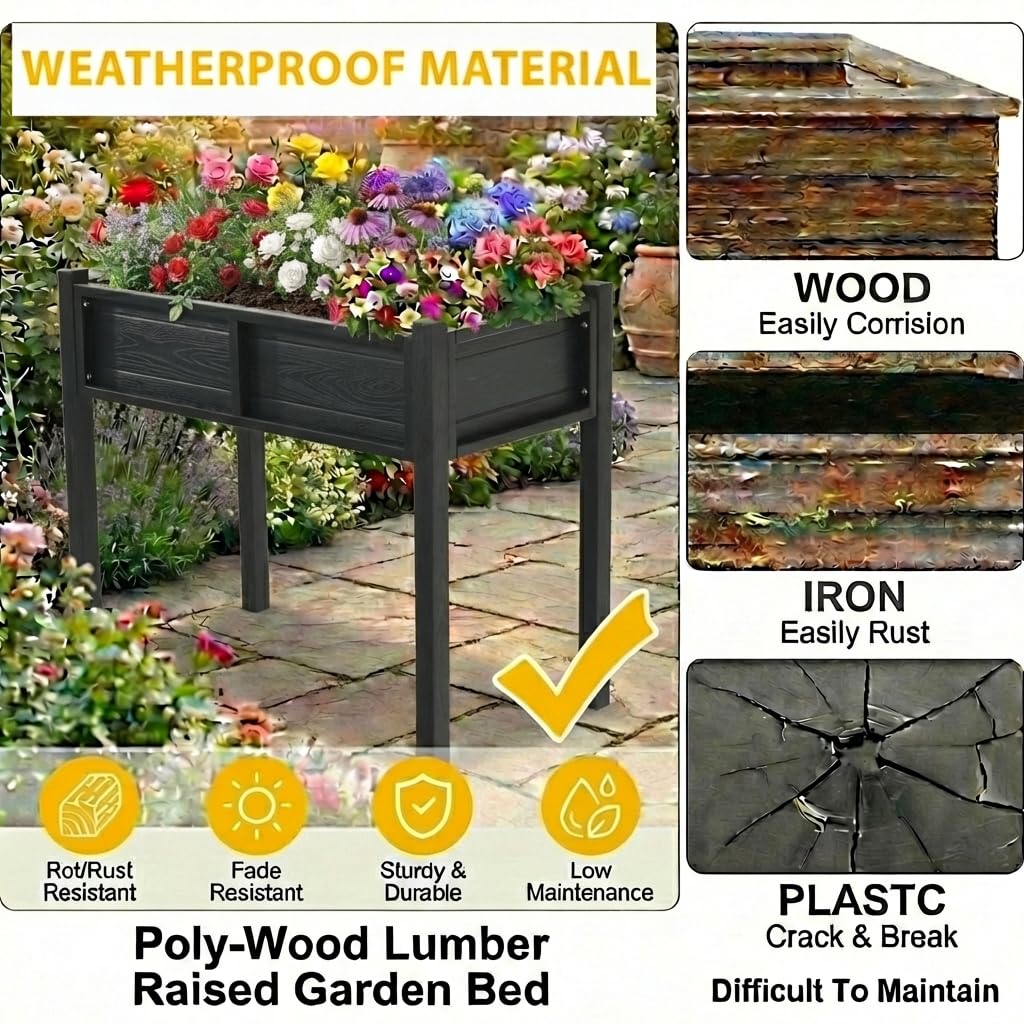 DWVO Raised Garden Bed HDPE with Legs Poly-Wood All-Weather Elevated Planter Box Outdoor with Drainage System Patio Planters for Herbs Vegetables Flowers Plant Bed for Garden Balcony, Black