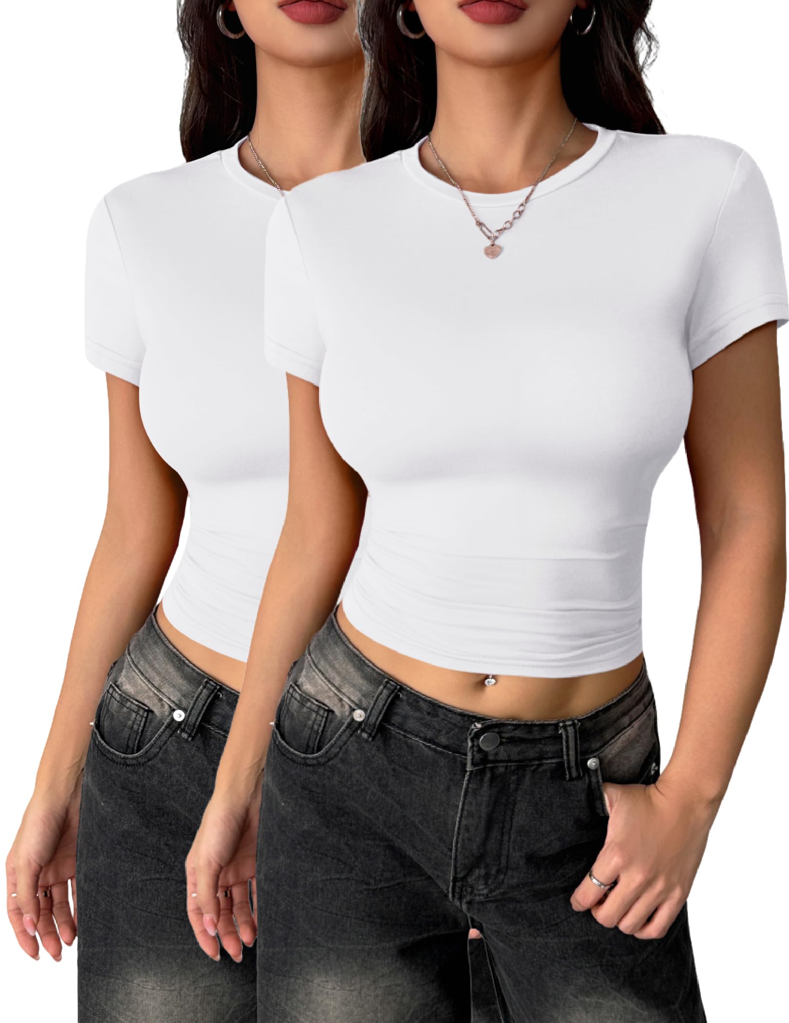 Zeagoo Camiseta Manga Corta Mujer Ajustada Basica Camisetas Cuello Redondo Corta Top Verano Sólido T Shirt Casual Elástico Tops XS-XL