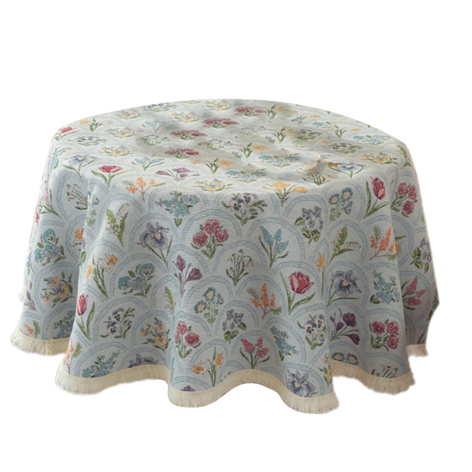 Nucelit Round Kitchen Tablecloth Fringes Designs Wrinkles Spillproofs Polyester for Indoor Outdoor Round Tablecloth Polyester