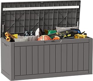 EAST OAK Outdoor Storage Box, 90 Gallon Deck Box Indoor and Outdoor Use, Waterproof Resin Storage Bin for Patio Cushions, Gardening Tools, Lockable, UV Resistant, Grey