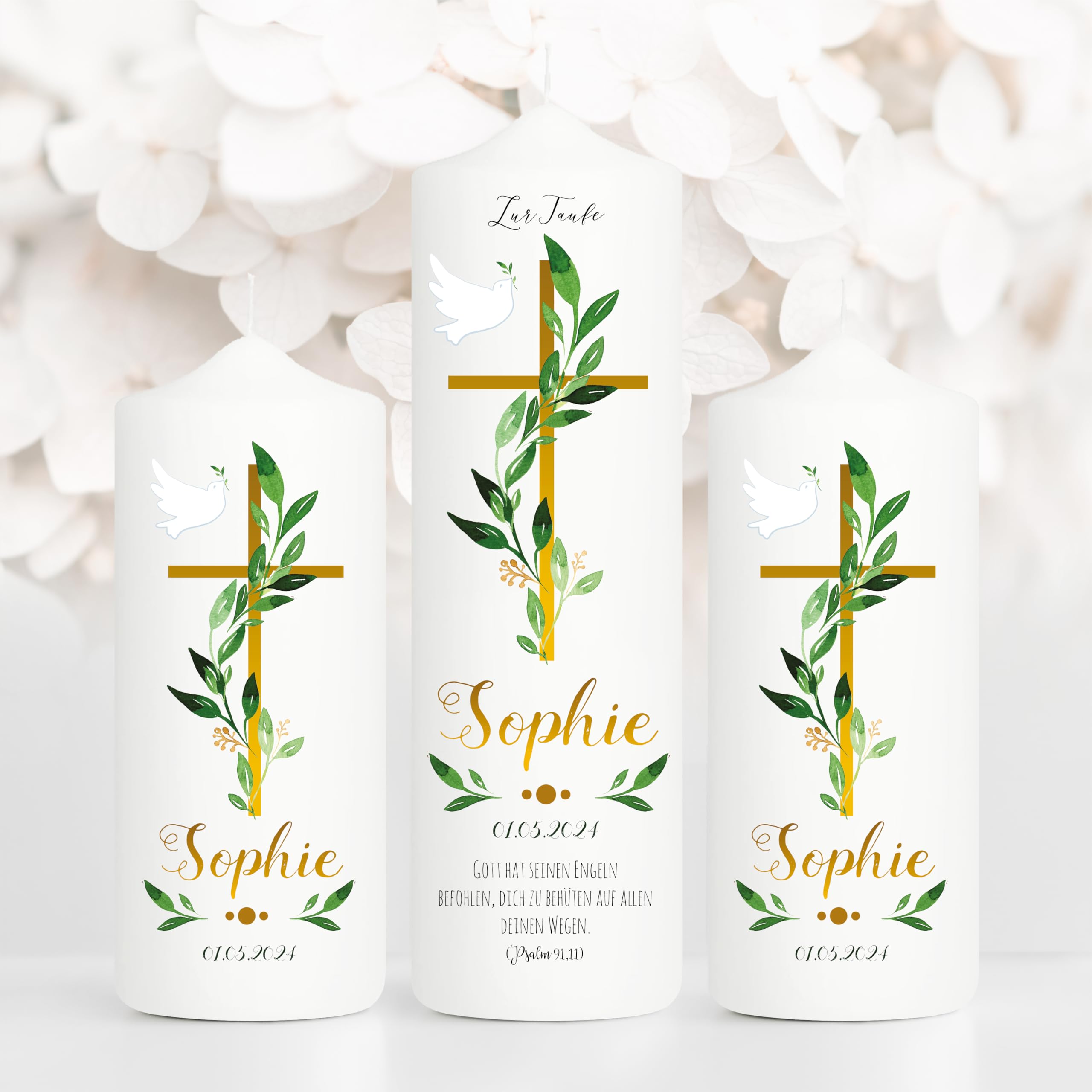 Wandtattoo Loft Taufkerze Junge oder Mädchen mit Taufspruch + 2 Patenkerzen, Motiv Taube und Jesuskreuz, 25cm x 7cm, personalisierte Kerze, bedruckte Kerze zur Taufe, Stumpenkerze, Taufgeschenk