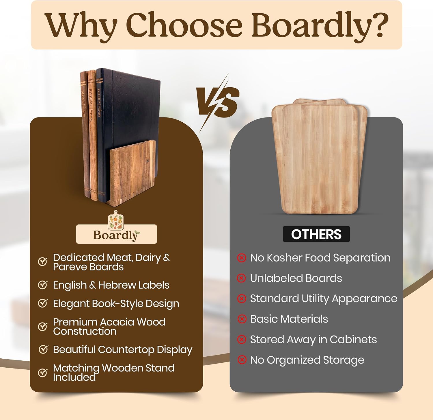 Book Style Acacia Wood Cutting Board Set, 3 Boards with Stand