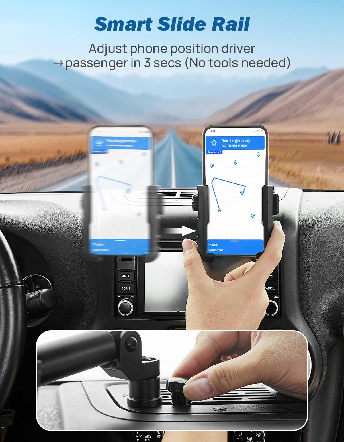 JOYTUTUS Supporto per telefono in metallo compatibile con Wrangler JK 2007-2018 (non compatibile con Wrangler JL 2018) | Piattaforma di espansione per supporto telefono su misura | Clip regolabile con