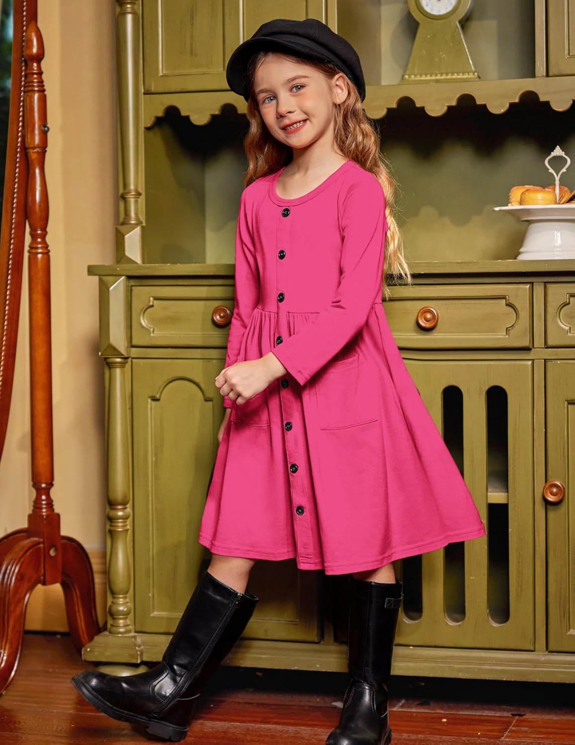 Arshiner Girl's Dresses Button Down Midi Long Sleeve Casual Sundress A-line Dress with Pockets - Image 4