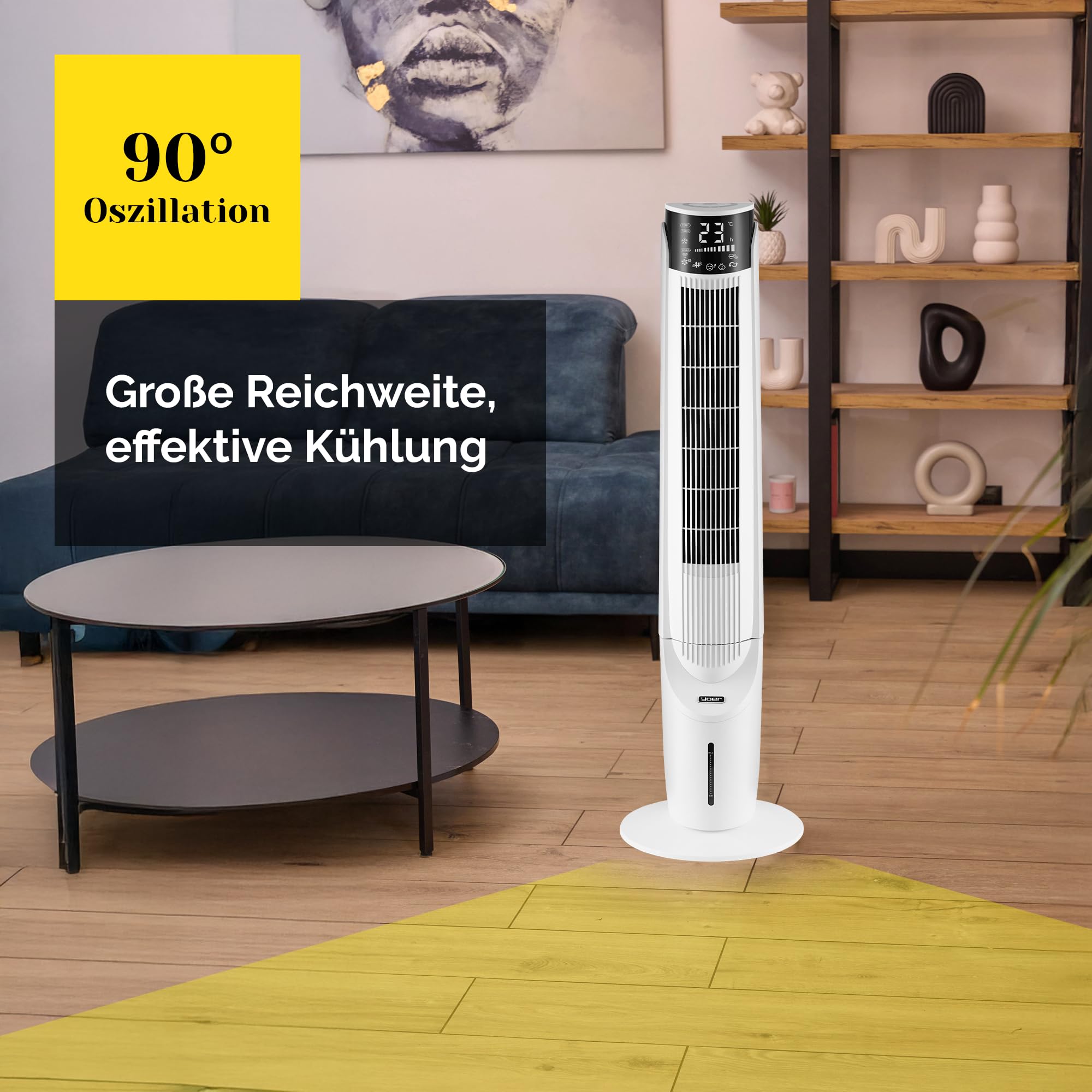 Yoer Luftkühler mit Wasserkühlung, 6-in-1 Ventilator, Luftbefeuchter, Ionisator, Luftreiniger, Aromatherapie, Mobile Klimageräte Air Cooler 3L, 1638 m³/h Luftstrom, 60 W, Weiß, Cascado TFC06W