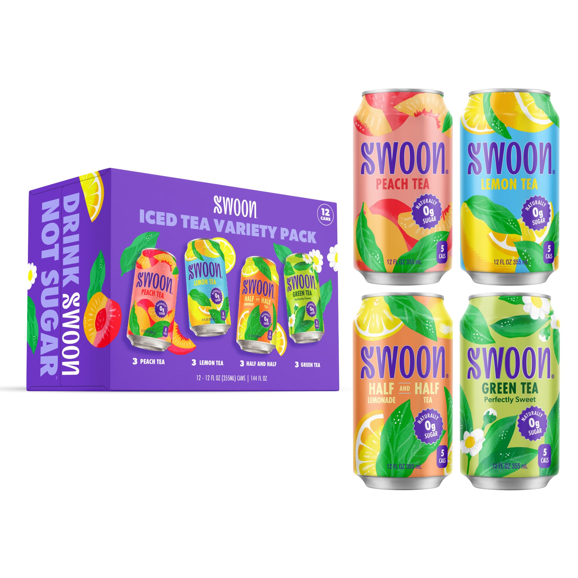 Swoon Iced Tea Variety Pack - Low Carb, Paleo-Friendly, Gluten-Free Keto Drink - Half + Half IcedTea Lemonade, Peach Iced Tea, and Lemon Tea - 12 fl oz (Pack of 12)