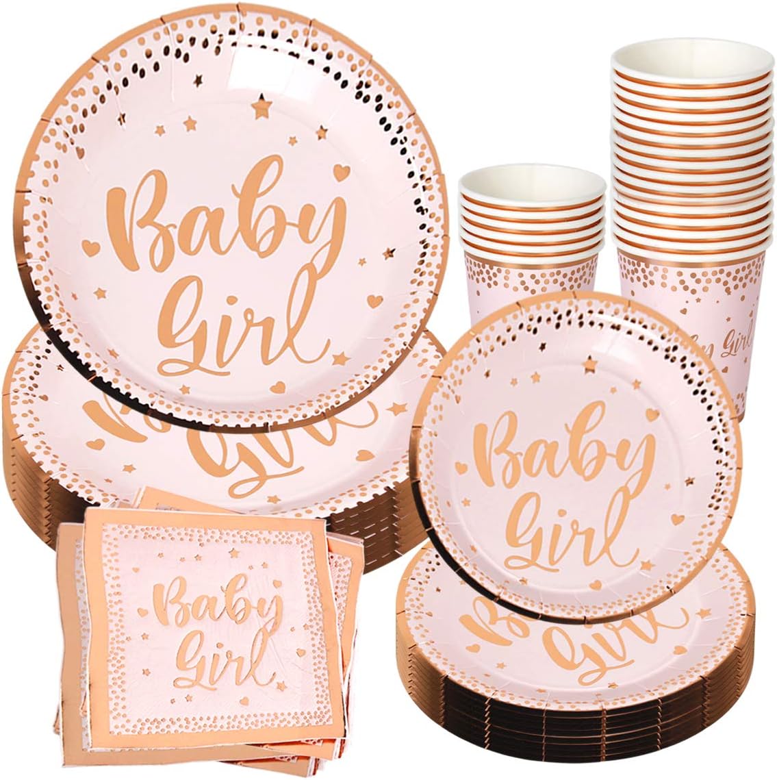 Baby Shower Plates and Napkins Girl for 24 with Pink Gold Paper Plates
