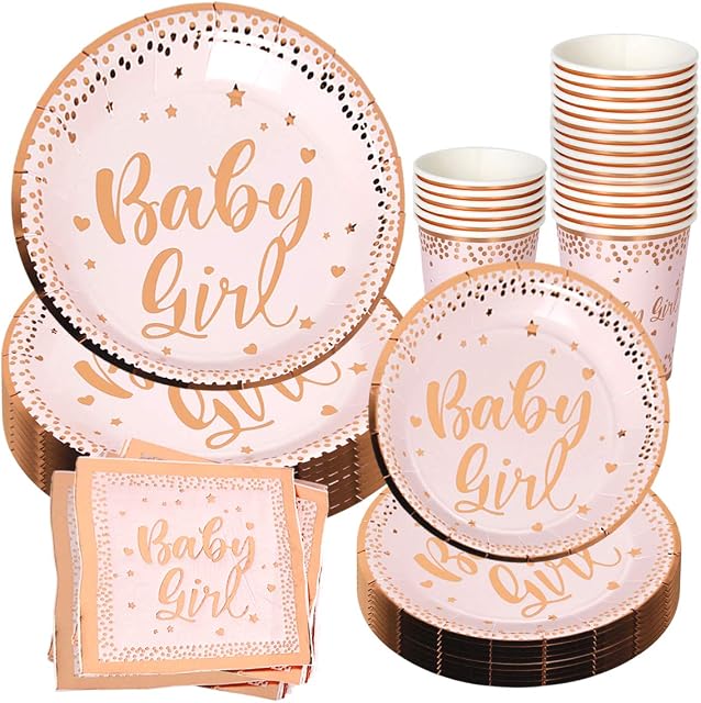 Baby Shower Plates and Napkins Girl for 24 with Pink Gold Paper Plates,Dessert Disposable Tableware,Napkins,Disposable Cups for Baby Shower Girls Birthday Party Supplies,Floral Decorations,Wedding