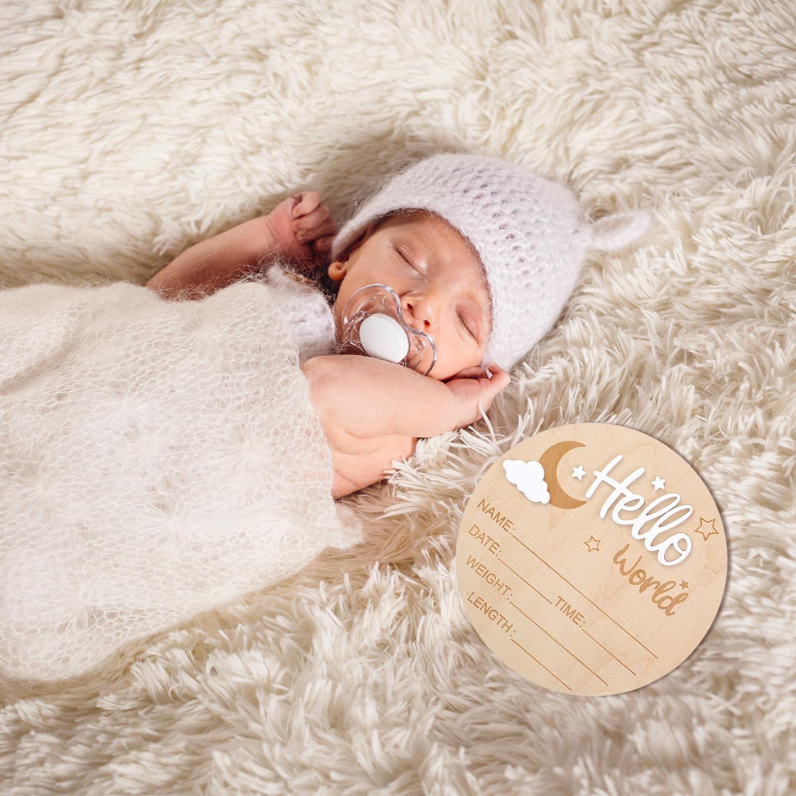 Nogeqi Biglietti miliari bianchi per bambini legno Hello World neonati rotondi genitori incinte