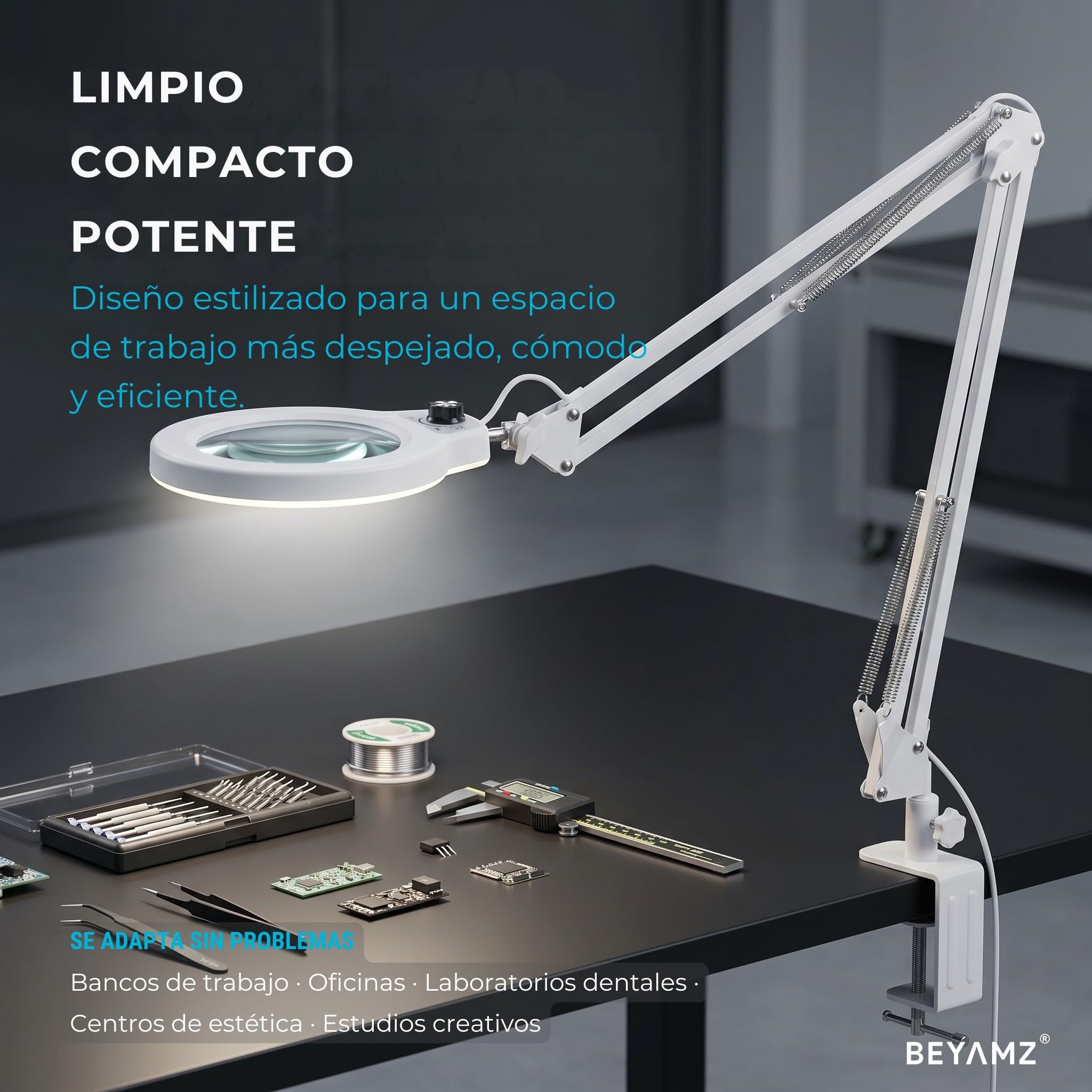Lámpara Lupa con Pinza de Sujeción, Gran Lente de Cristal 5D | Lente de 12,5 cm, 100 LED, 5 colores, brazo 1 m, fuente 12V, mordaza 6,4 cm, estética, lectura, trabajo de detalle