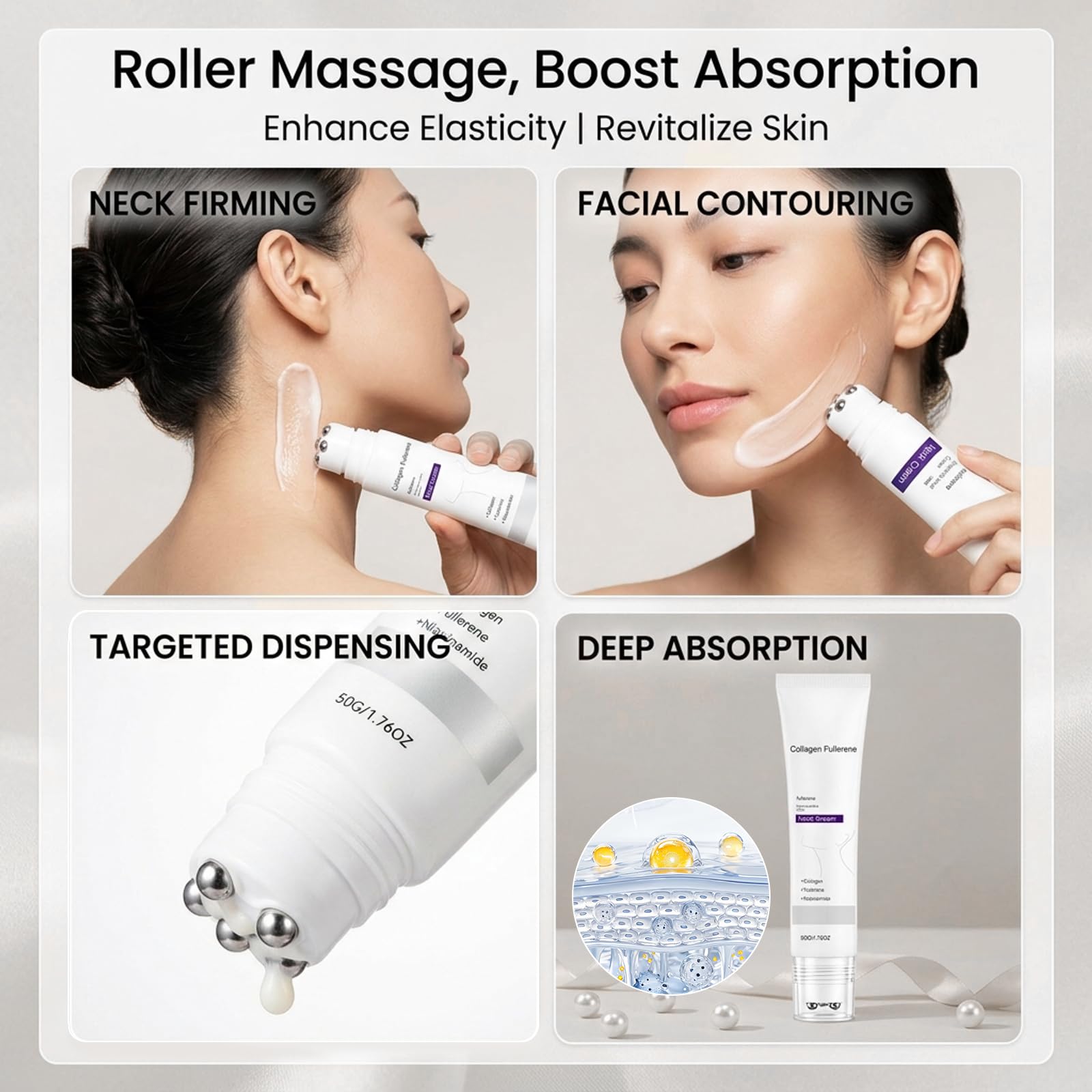 Crema Rassodante per il Collo con Rullo, Magic Collagen Fullerene Neck Cream, Crema Collo e Décolleté Lifting Con Collagen Peptides, Firming Neck Cream, Riduce Rughe, Nutre, Anti Rughe, 50g (3pcs)