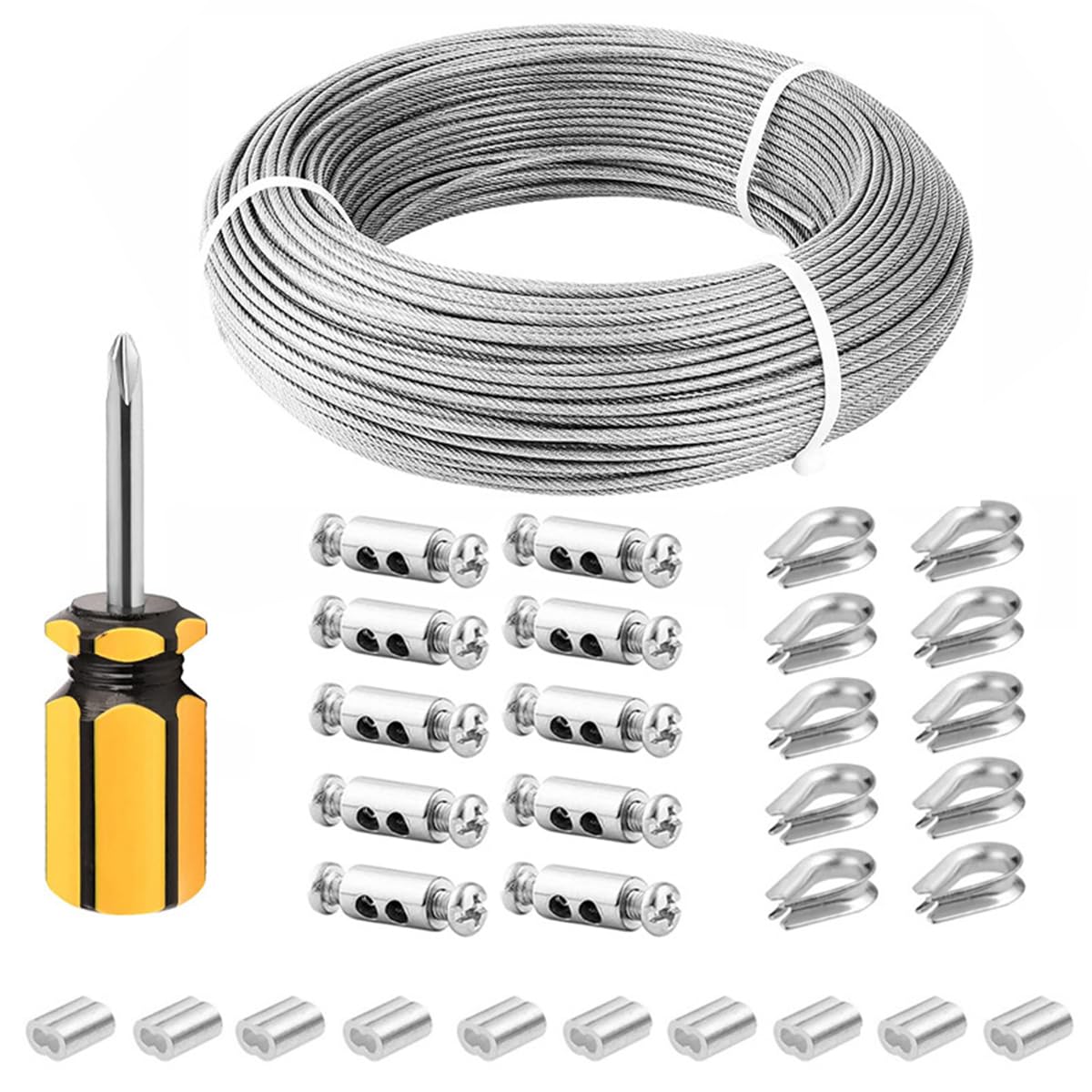 Kit de câbles de Suspension 3 mm 50 m en Acier Inoxydable 304 avec revêtement Vinyle, cosses, Manchons à sertir, Serre-câbles pour Plantes de Jardin, éclairages de Tableaux