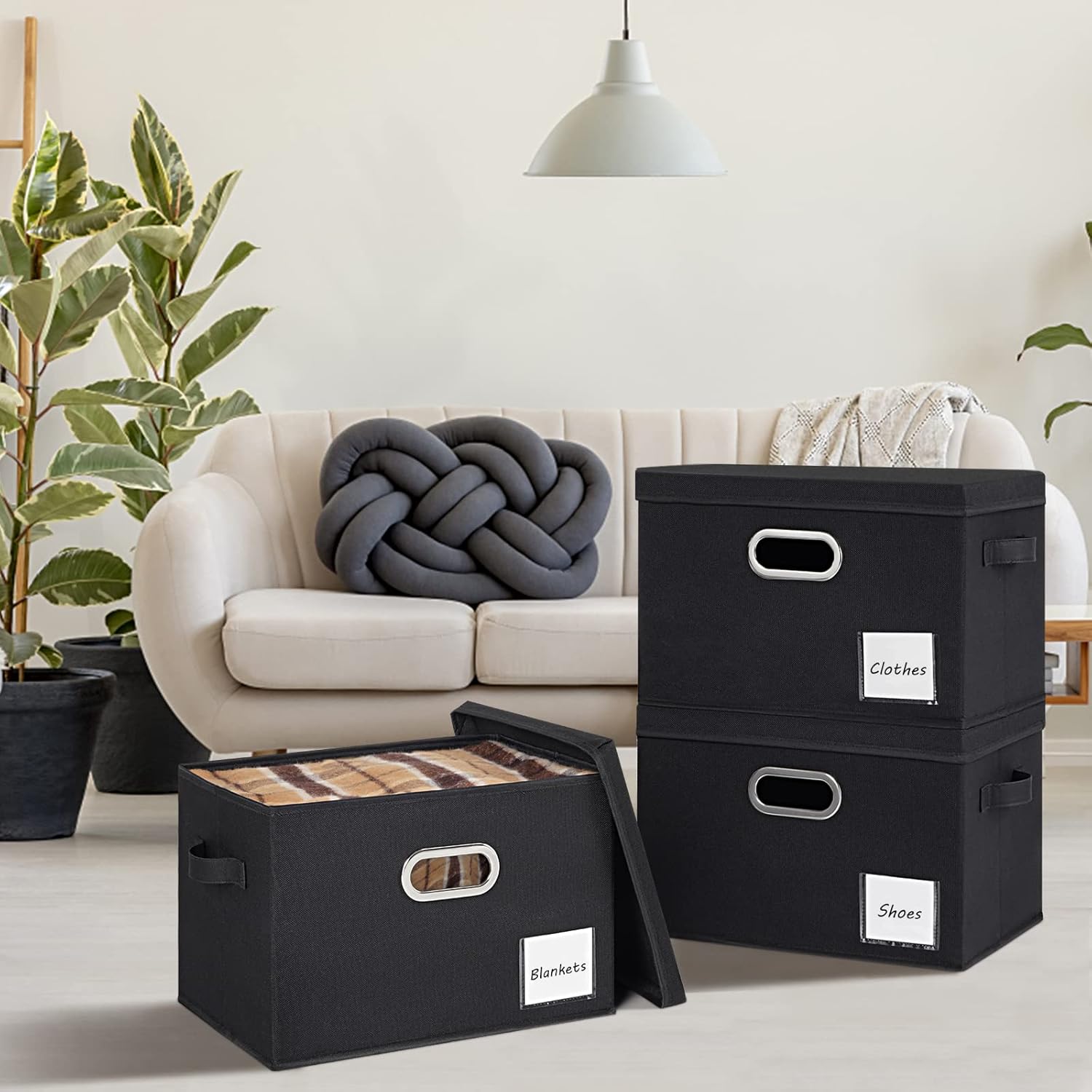 LHZK Extra Large Storage Bins with Lids 6 Pack, Foldable Linen Fabric Storage Boxes with Lids, Sturdy Fabric Storage Bins with Label & 3 Handles for Shelves Bedroom Home Office (Black, Extra Large)