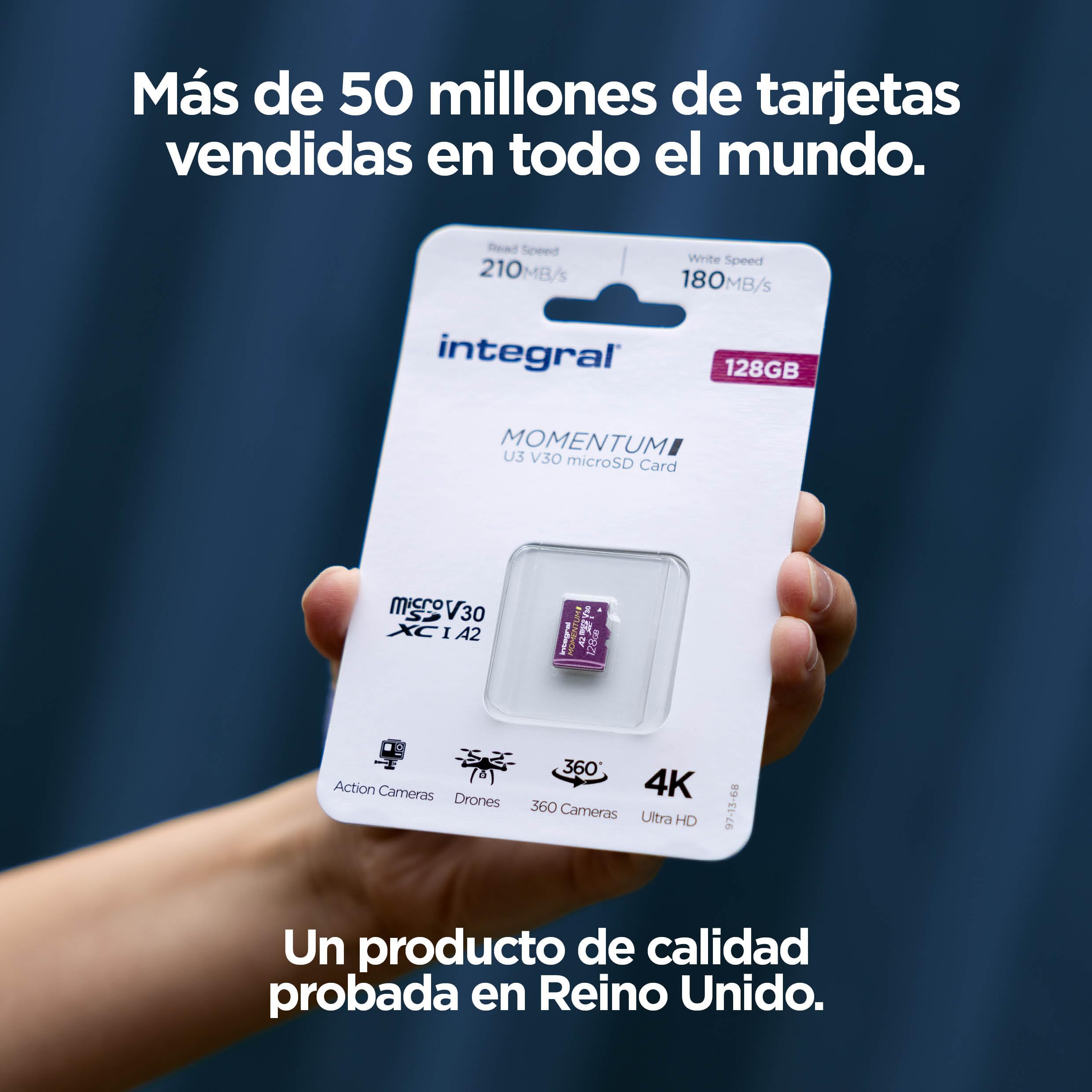 Integral Momentum I Tarjeta Micro SDXC de 128 GB, hasta 210 MB/s de Lectura y 180 MB/s de Escritura, V30, U3, A2, 4K/5K UHD para GoPro, Drones dji, cámaras de acción, Resistente al Agua